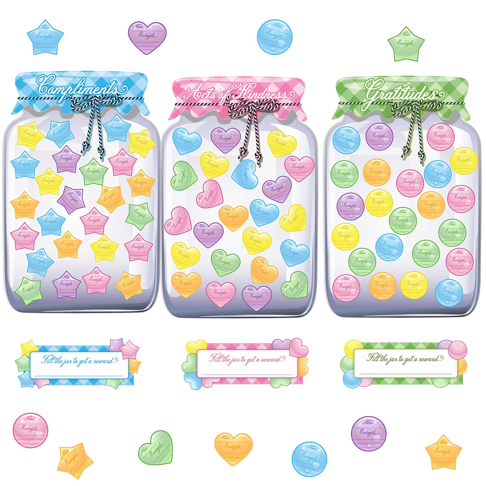 96 Pcs Classroom Bulletin Board Set Mini Classroom Reward Jar Cutouts Mason Jar Star and Heart Bulletin Board Rustic Kindness Gratitude Bulletin Board for School Positive Sayings with 160 Glue Points