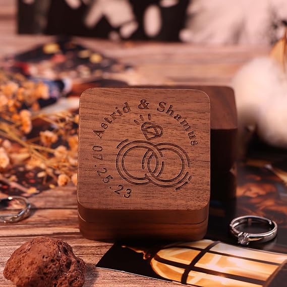 Square Double Ring Box - Engraved Wood Ring Bearer Box for Wedding Ceremony, Proposal or Engagement Ring Box Gift, Storage for 2 Rings