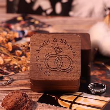 Square Double Ring Box - Engraved Wood Ring Bearer Box for Wedding Ceremony, Proposal or Engagement Ring Box Gift, Storage for 2 Rings