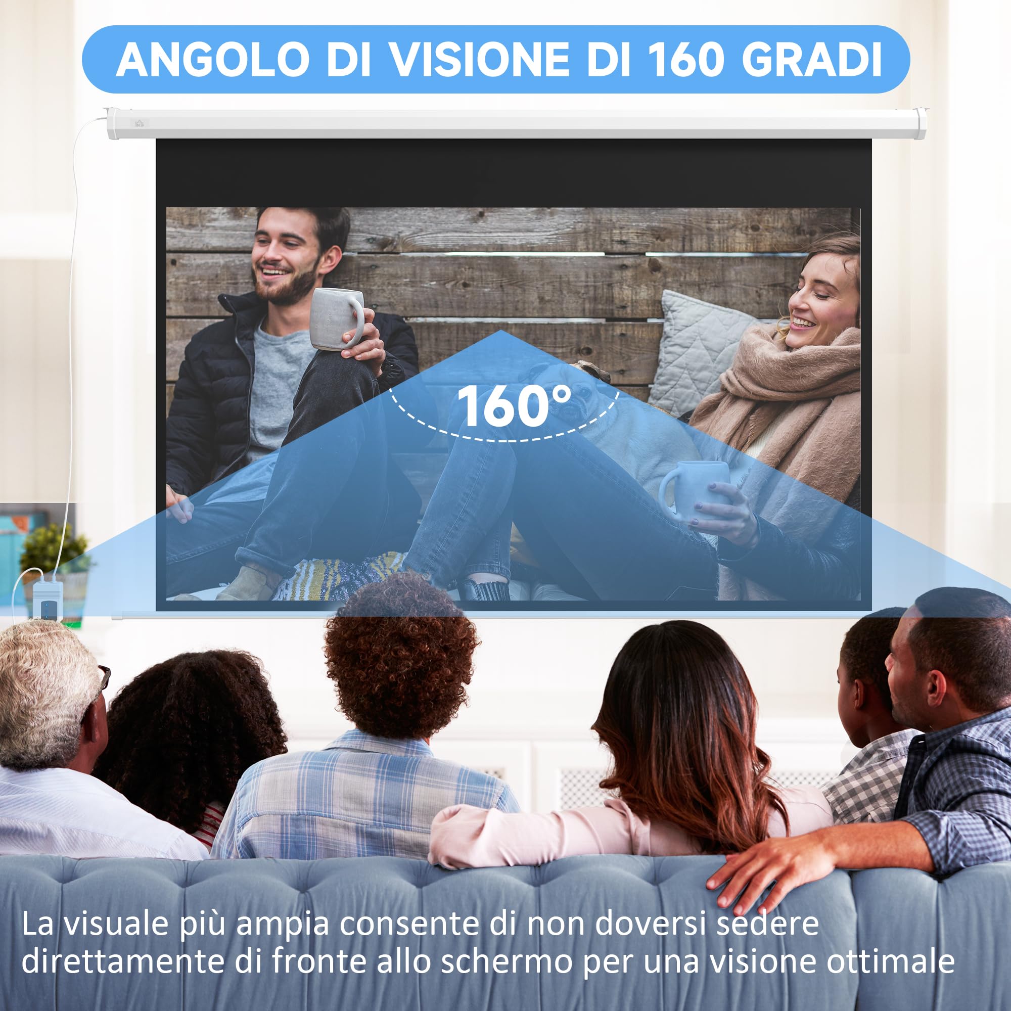 HOMCOM Telo Proiettore Motorizzato da 84 Pollici 4K HD Formato 16:9, Schermo Proiettore Motorizzato Elettrico con Telecomando, Telo Videoproiettore per Casa, Cinema, Ufficio, Home, 215x140 cm, Bianco