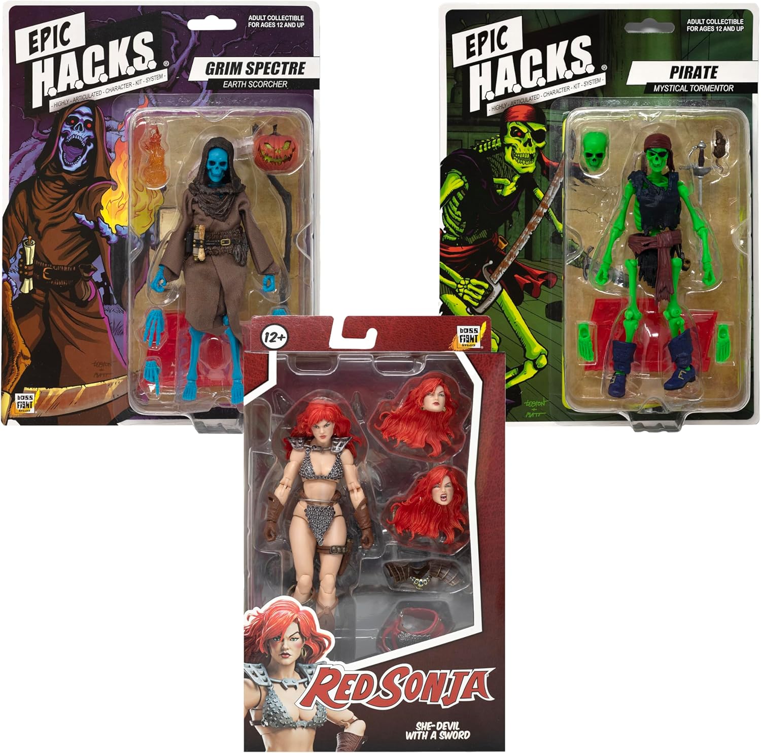 Boss Fight Studio Epic H.A.C.K.S. Red Sonja Deluxe Action Figure with Grim Spectre & Pirate Skeletons – Set of 3 Highly Articulated Collectible Figurines – Interchangeable Parts & Accessories – 1:12