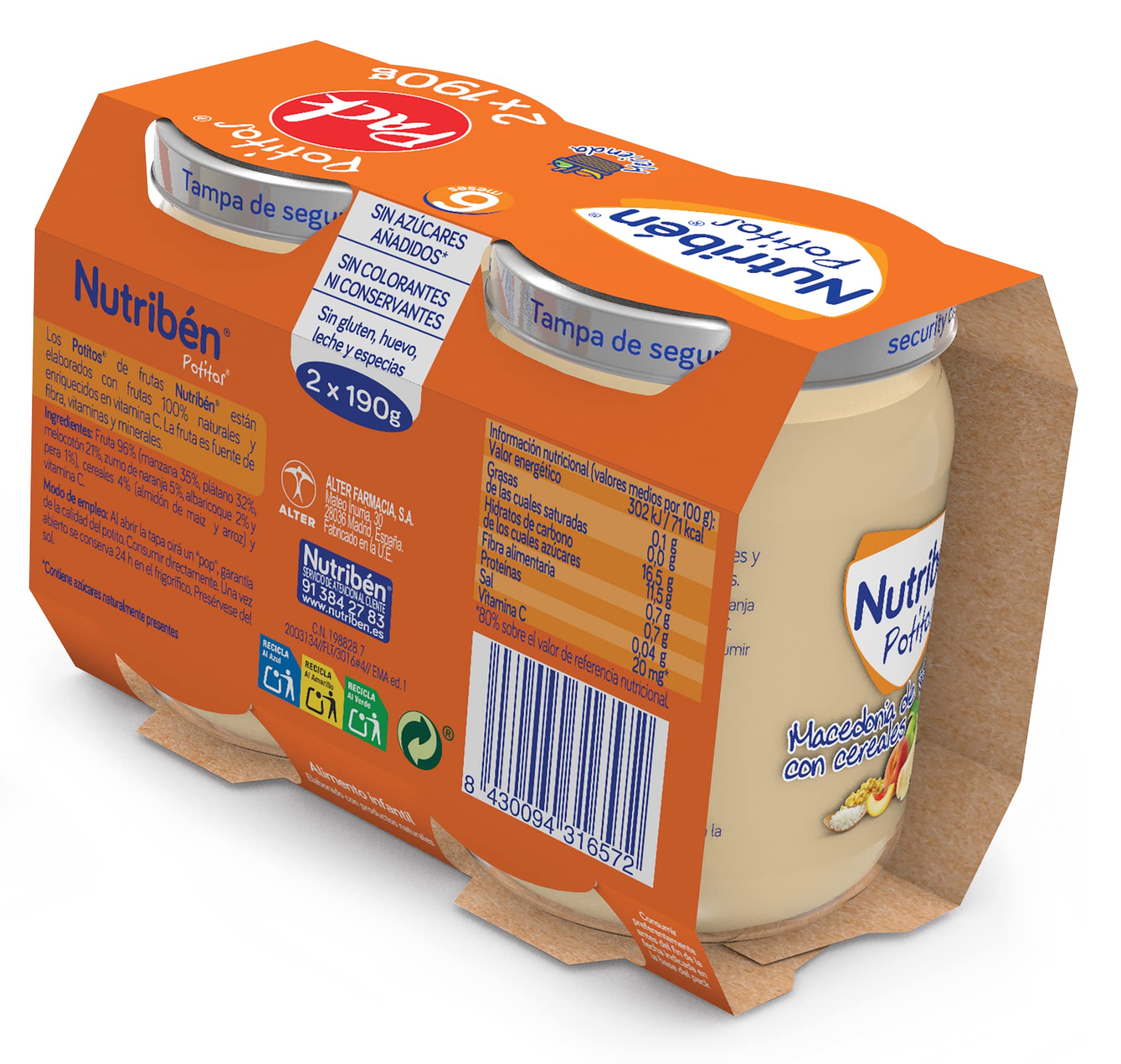 Nutribén Potitos Macedonia de Frutas con Cereales Pack 6 x 190g Bebés 6 Meses Sin Azúcares Añadidos