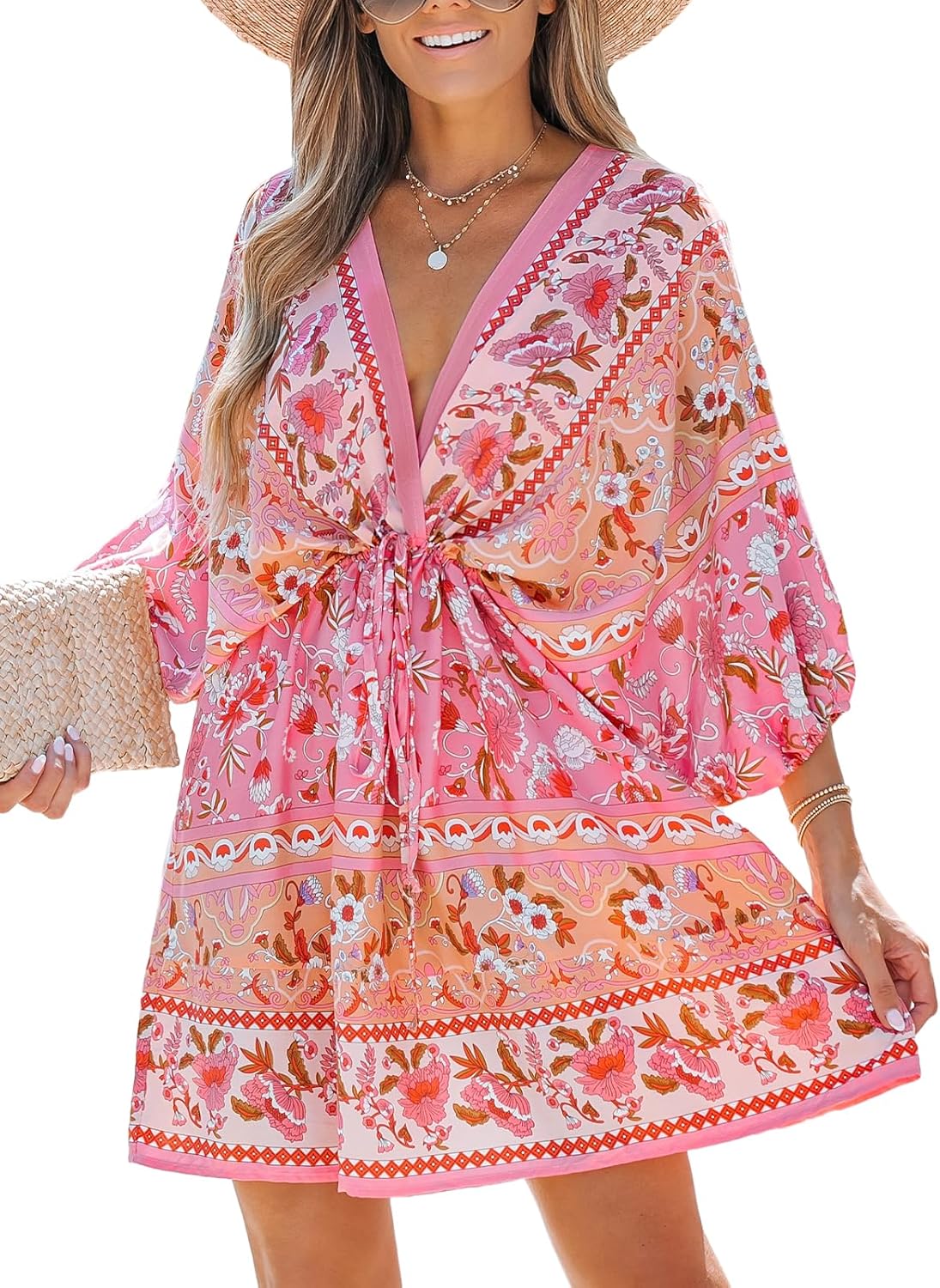 CUPSHE Women Casual Boho Sundress Summer Floral Print Tie Front Dress 3/4 Sleeves Paisley Beach Mini Dresses