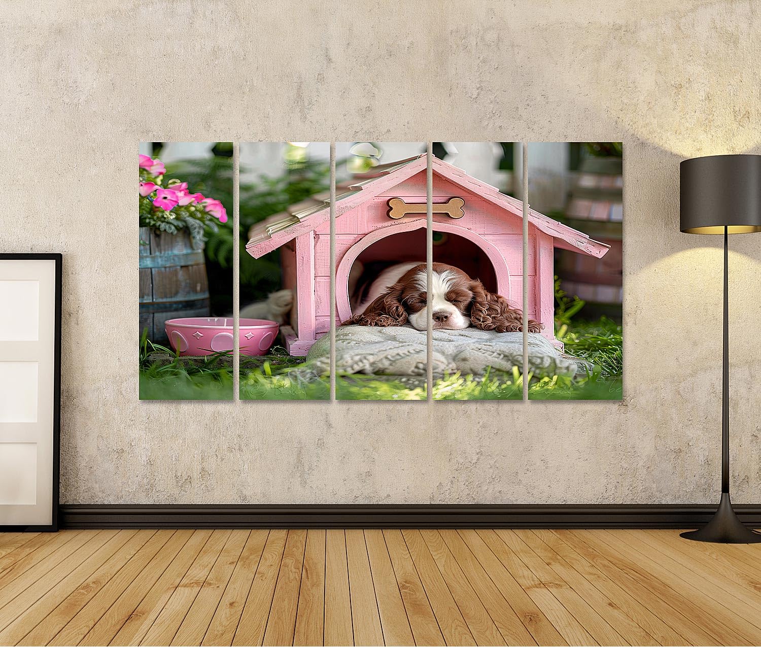 islandburner Primer cuadro sobre lienzo lindo cachorro durmiendo en soporte rosa al aire libre inteligencia artificial imágenes murales carteles
