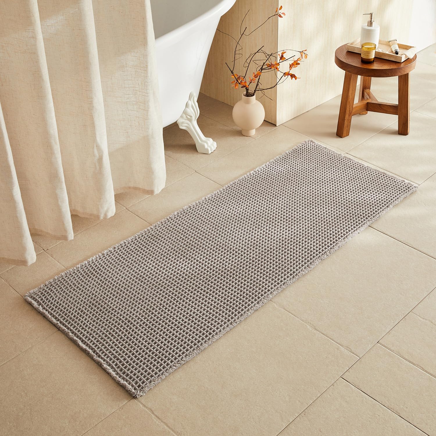 TYUU Waffle Runner Rug Bathroom, Long Boho Bath Mat, 60x24 Light Grey