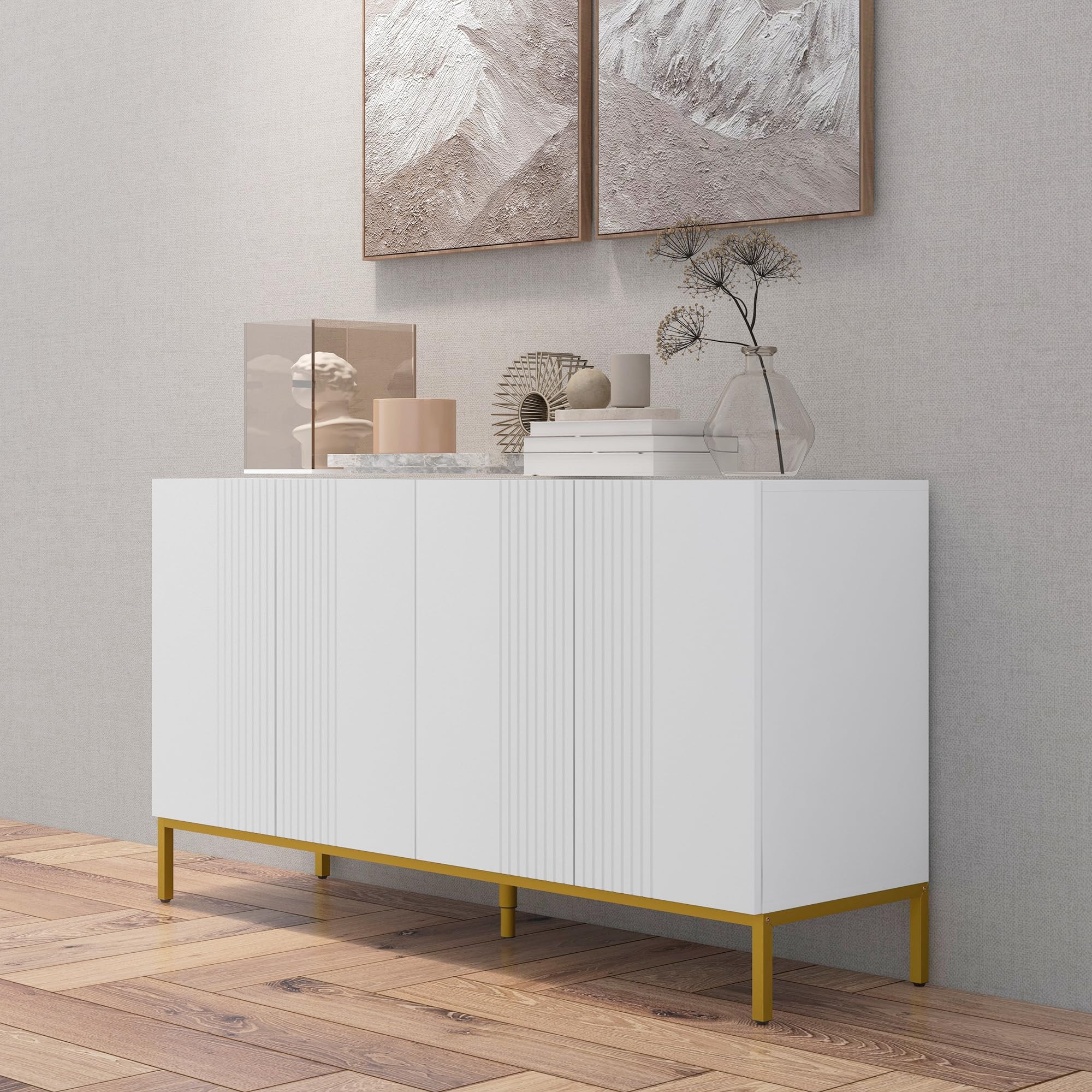 HOMCOM Credenza Moderna con 4 Ante e Mensole Regolabili Mobile da Soggiorno e Salotto con Chiusura Soft Close Bianco e Oro