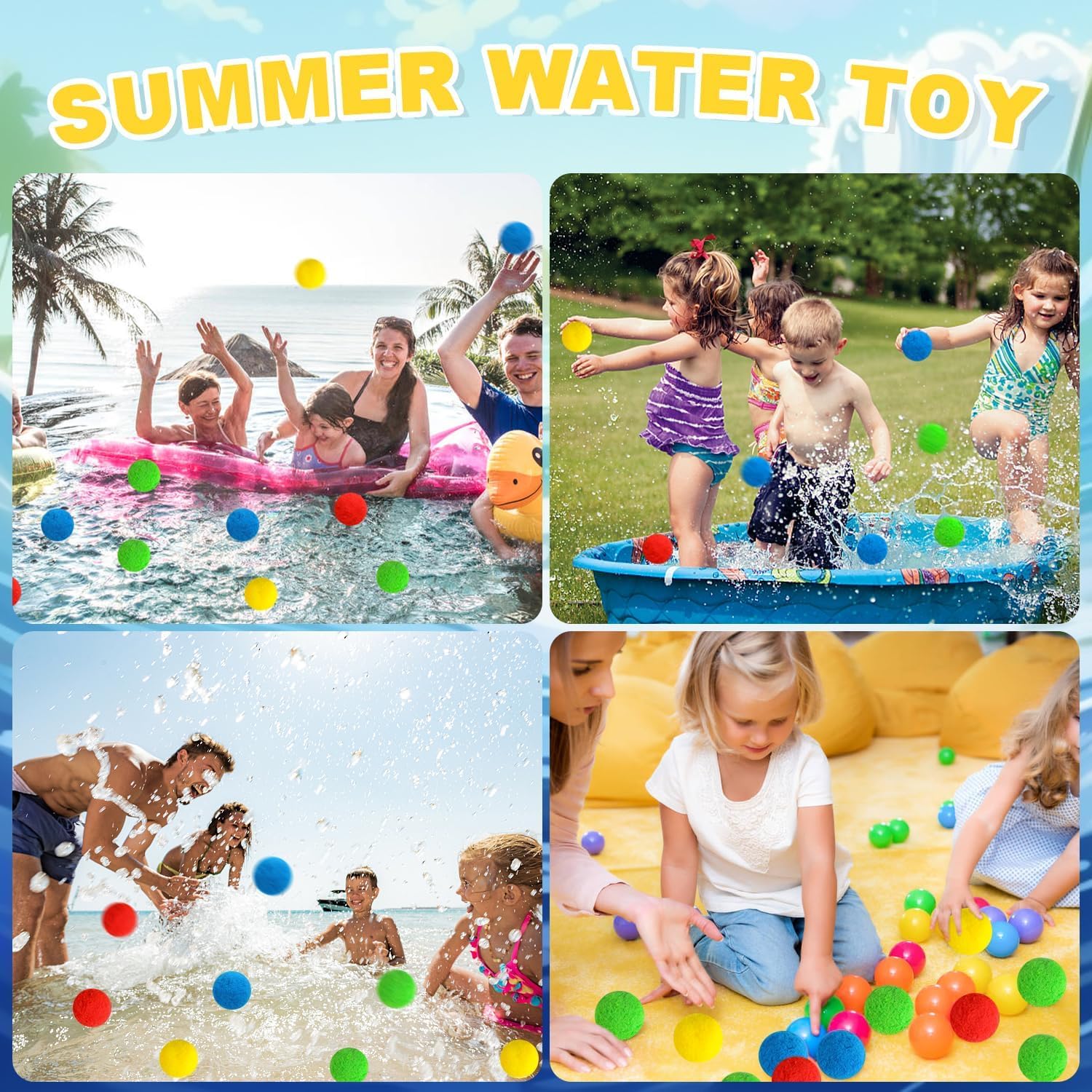Wasserbomben Wiederverwendbar 50 Stück Splash Bälle, Baumwoll Wasserbomben Selbstschließend für Wasserschlacht Garten Pool Trampolin Sommer Spielzeug Kinder (6 zufällige Farben)