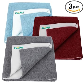 Bumpers Anti-Piling Quick Dry & Absorbent Sheet Polycotton Baby Bed Protecting Waterproof Mat (Grey, Maroon, Light Blue, Small (70 x 50cm), Pack of 3) - image, photos