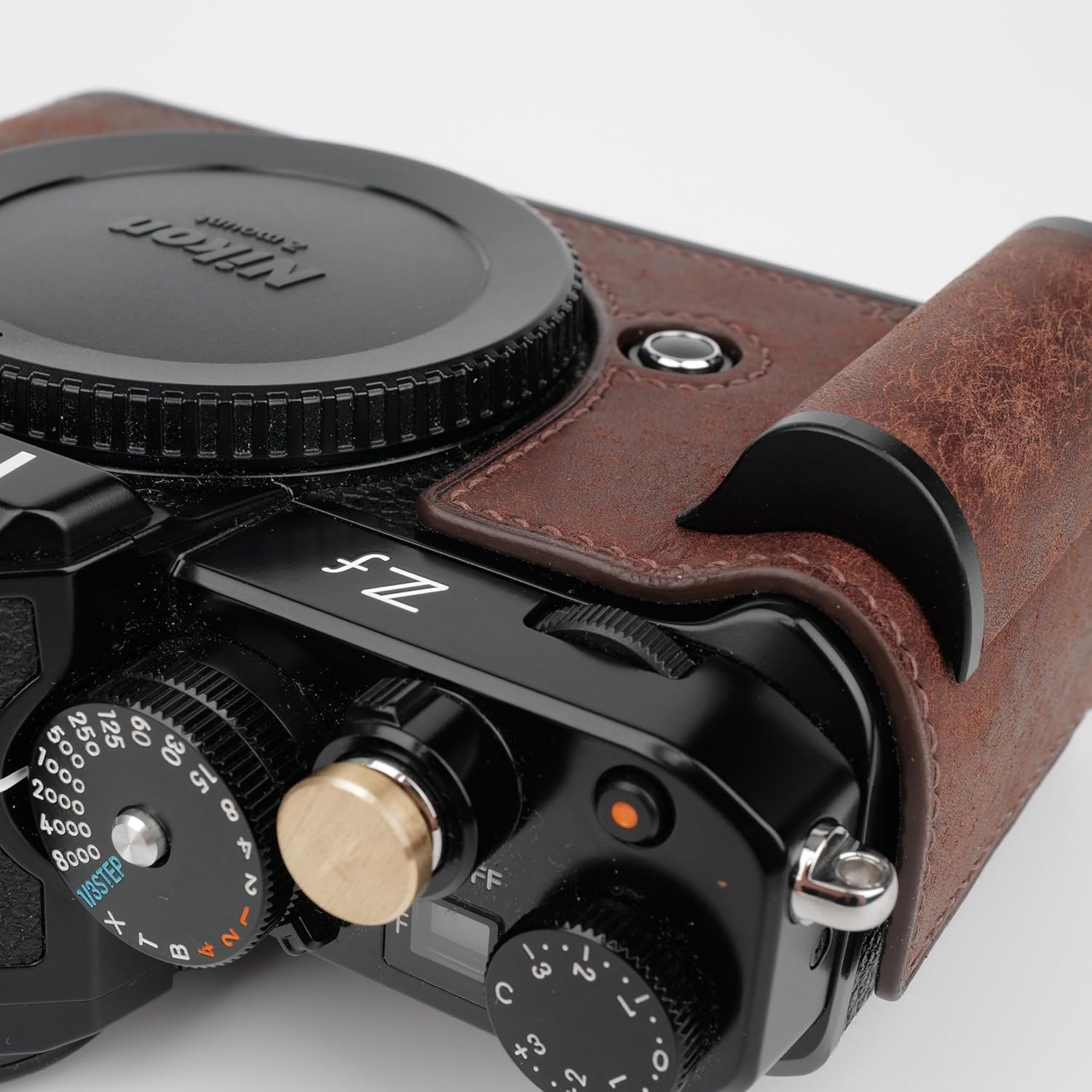 Handmade Genuine Leather Camera Half Case for Nikon ZF/Nikon ZF Camera Case - Top Layer Cowhide Body + Hand Sewn Saddle Stitch + Metal Base Plate (Dark Brown)