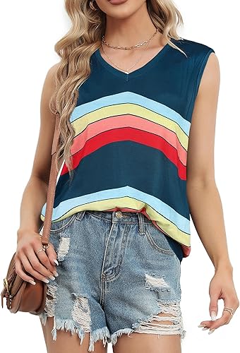 Vista 2 de Camisetas de verano para mujer, sin mangas, con cuello en V, ajuste holgado, casual, blusa tipo túnica