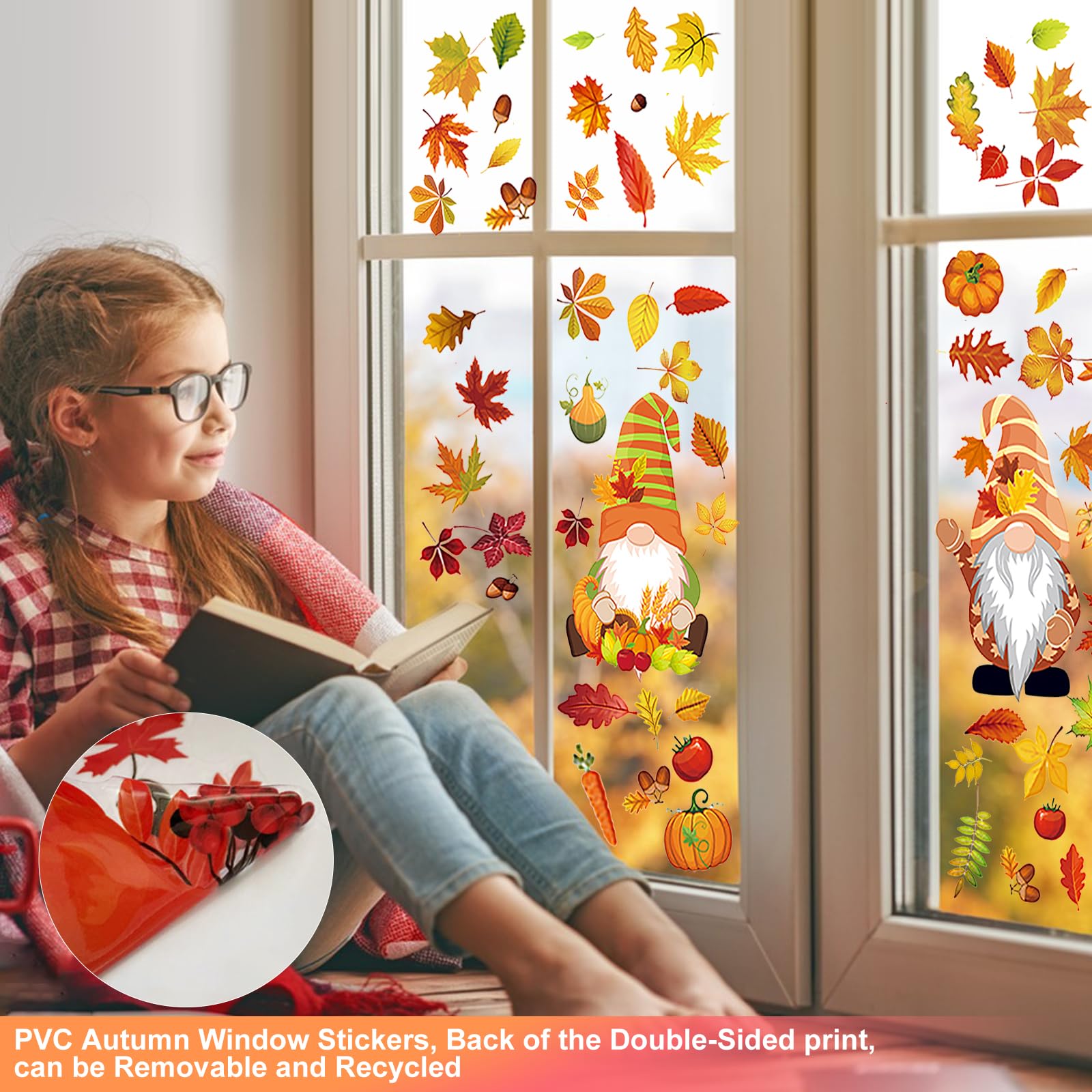Fensteraufkleber-Set Herbst – Mit Kürbissen, Gnomen & Blättern, 8 Bögen, Statisch Haftend, Abziehbar