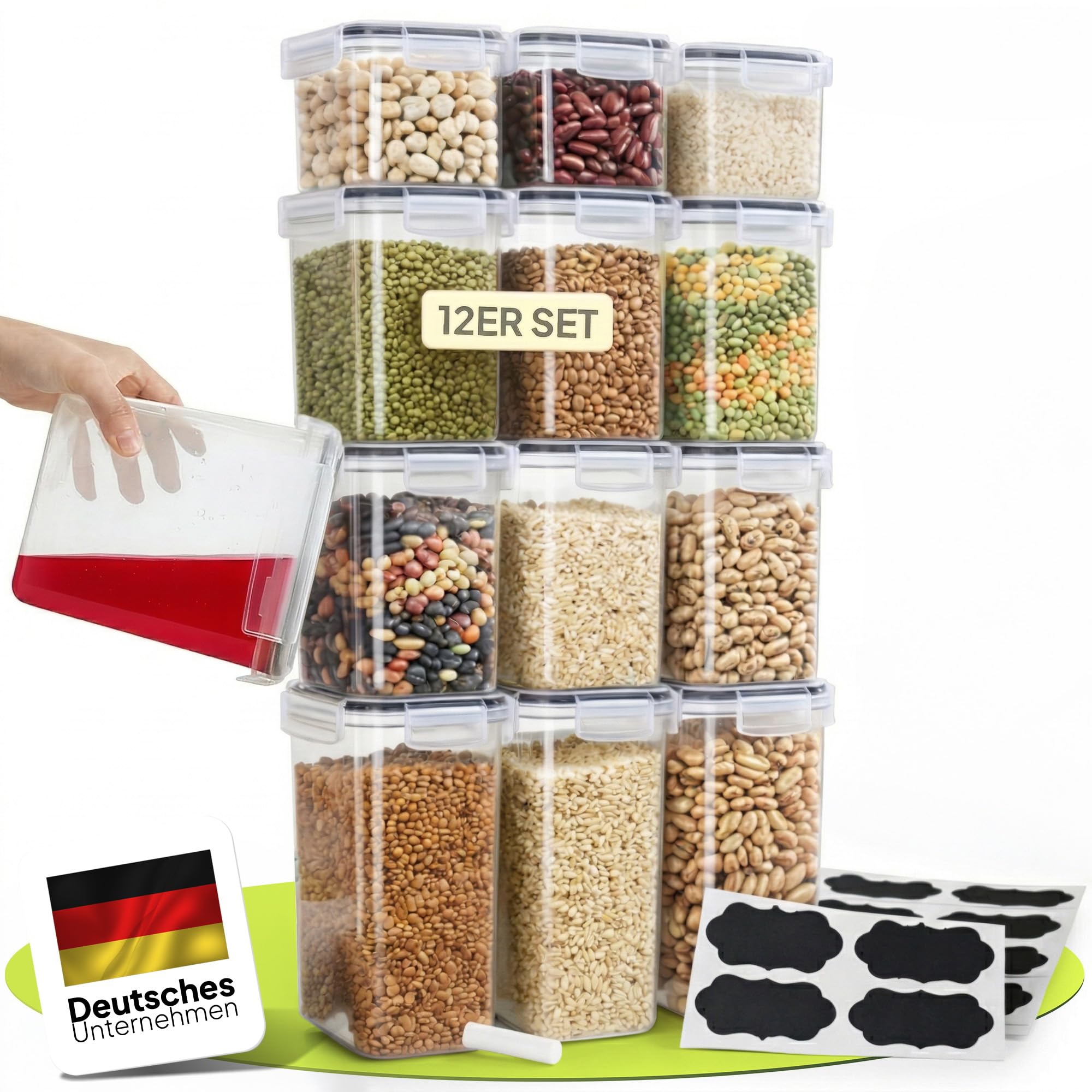 uandu Vorratsdosen mit Deckel luftdicht – für Müsli, Mehl & Zucker | Vorratsbehälter Set, 3 Größen, BPA-frei, 24 Etiketten & Schreibstift für mehr Ordnung