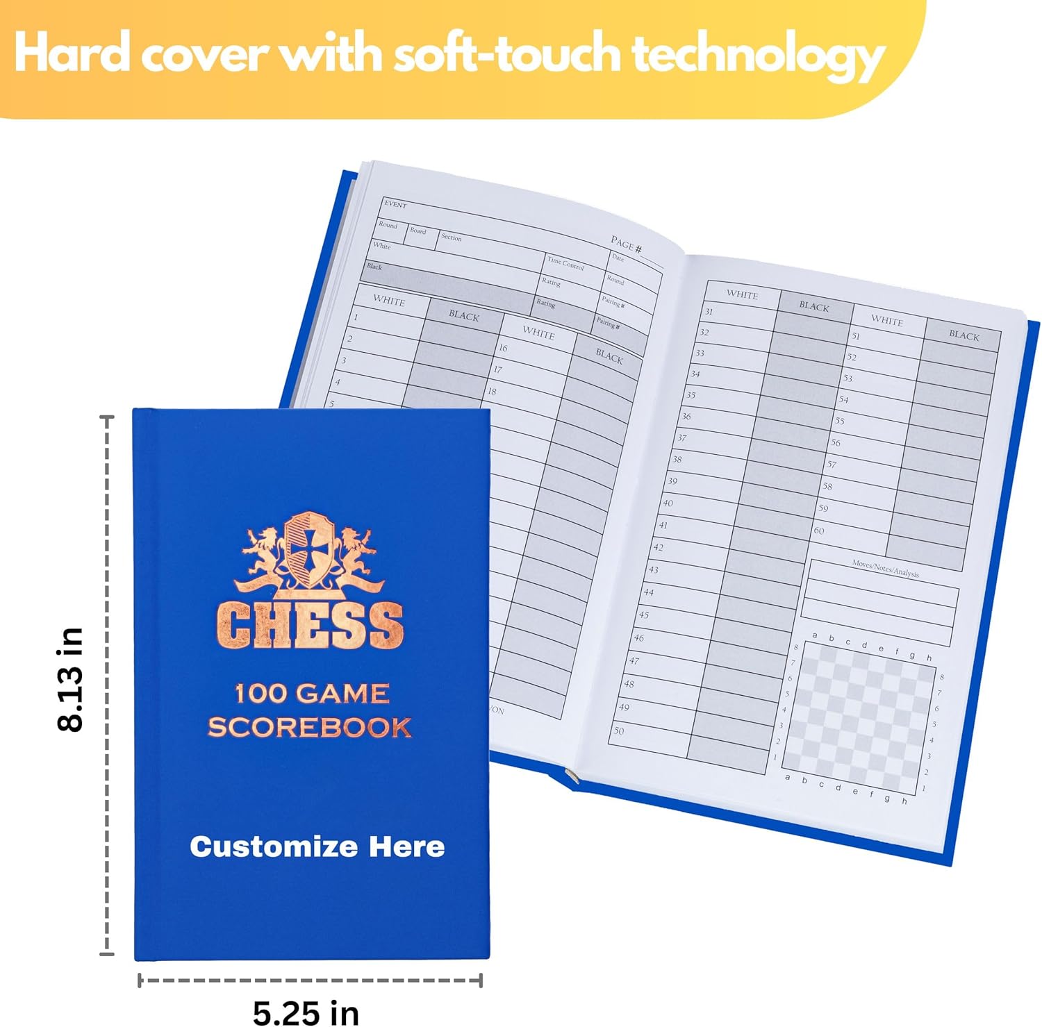WE Games Custom Hardcover Chess Notation Scorebook, Personalized Name - Blue Hardcover Chess Books with 100 Pages, Ideal Chess Score Sheets for Clubs & Tournaments