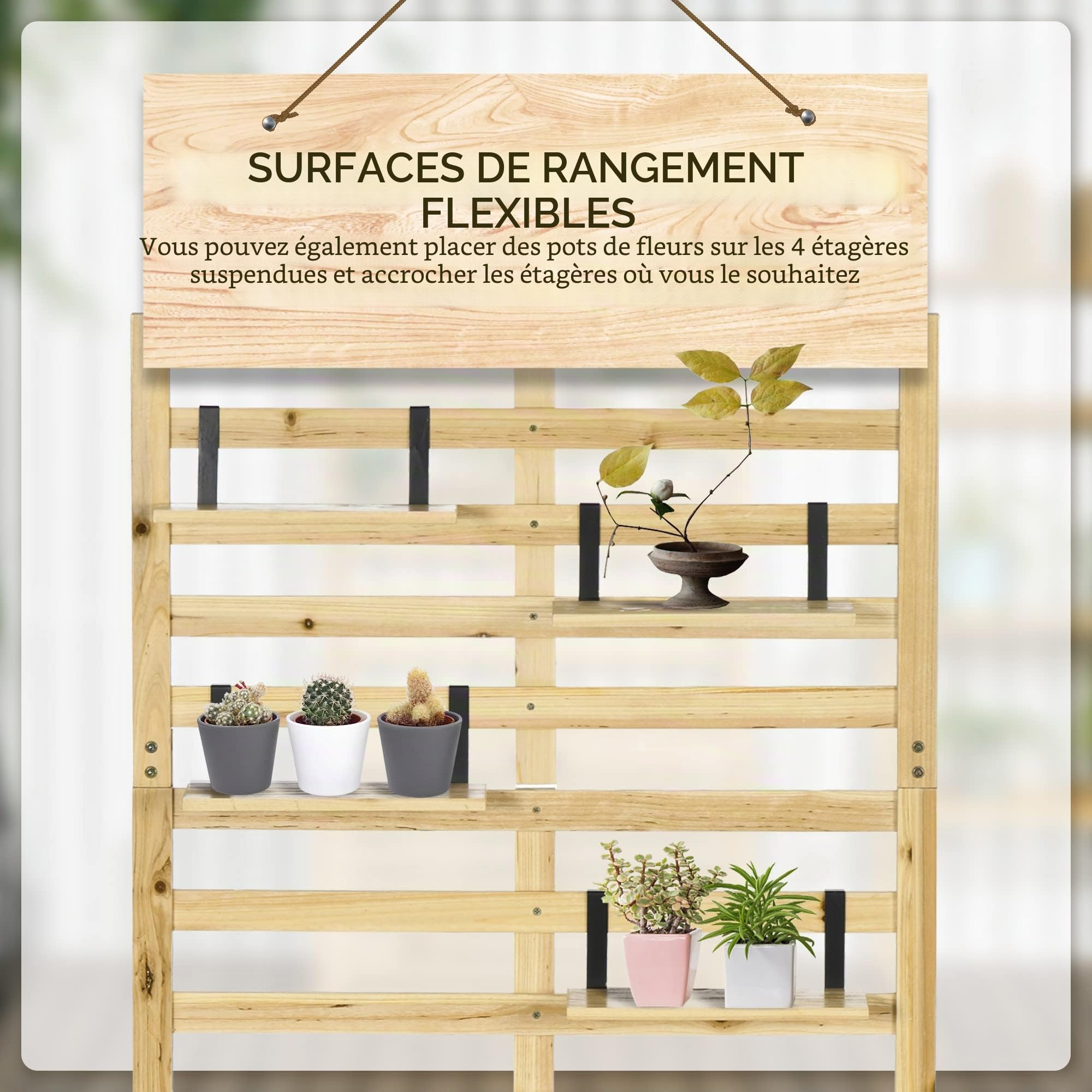 Outsunny Boîte de rangement, coffre de rangement avec treillis, boîte de rangement avec étagères, coffre de jardin, boîte à coussins, en bois massif, naturel, 80 x 45 x 160 cm