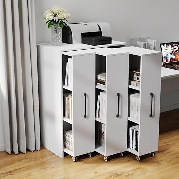 3-Tier Pull-Out Bookcase with Sliding Bookshelf Doors, 30" Narrow Rolling Book Cabinet with Wheels & Shelves, Hidden Storage Organizer for Small Spaces, Home Office,Living Room, White