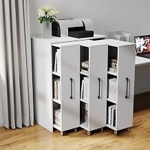 Three-Tier Slide-Out Door Bookcase with Wheels, Hidden Storage Cabinet for Office Living Room Bedroom, White Shelving Unit with Pull-Out Shelves for Books DVDs Magazines