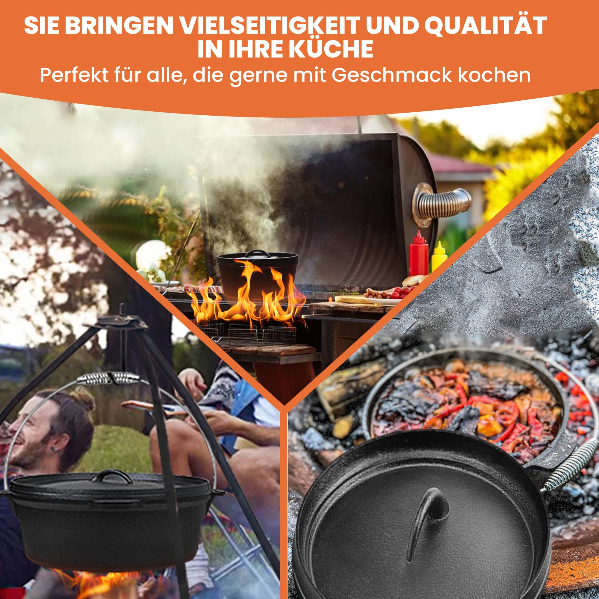 Dutch Oven Set BBQ 7,5 Liter, Feuertopf Schmortopf mit Edelstahluntersetzer, Gusseisen Topf mit Deckelheber Henkel und Schlitz für Themormeter, Grilltopf für Oudoor & Indoor,schwarz