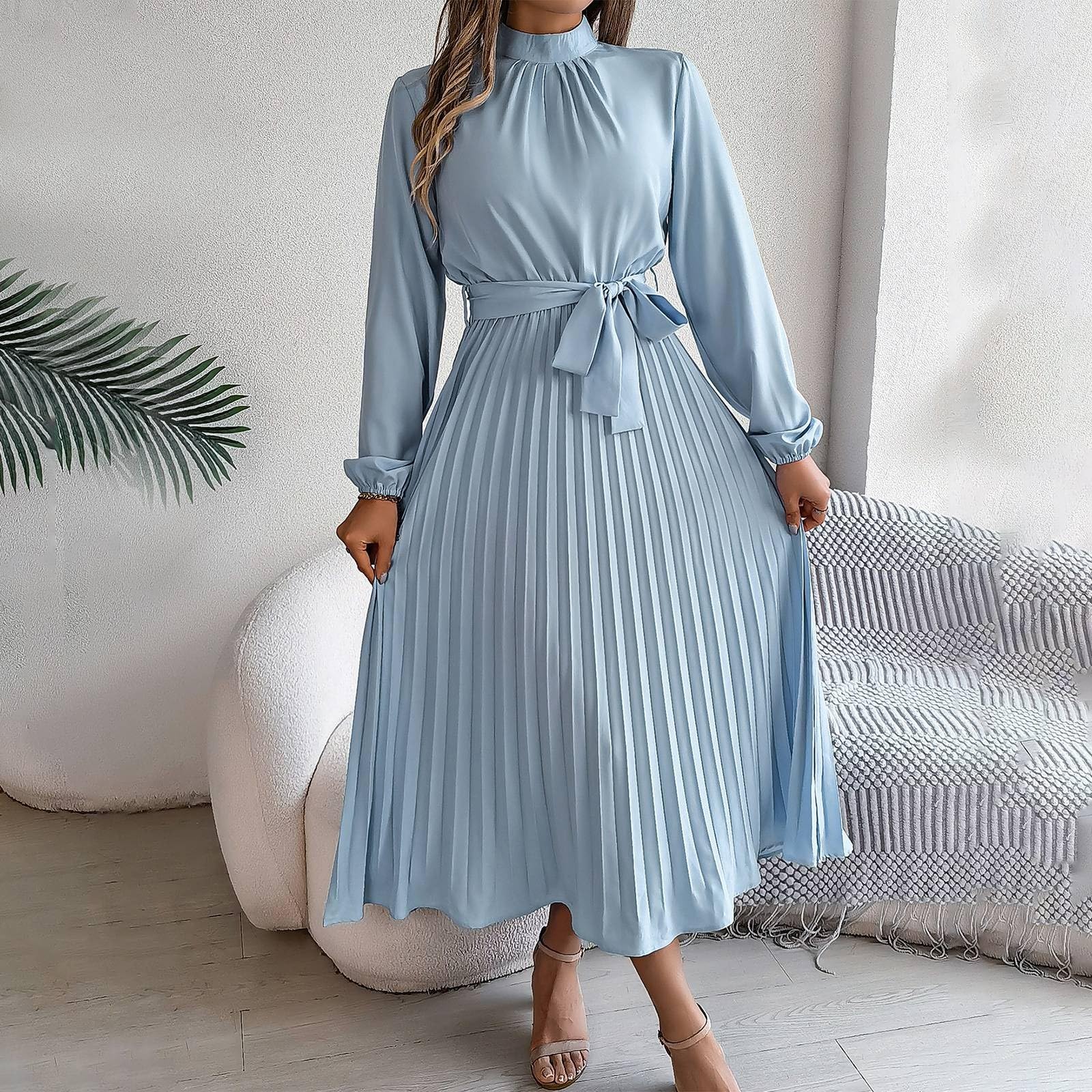 Kleid Damen Langarm Abendkleider Elegant Für Hochzeit Lang Frühlingskleid Plissee Kleider Faltenkleid Mit Gürtel Maxikleid Frauen A Linie Casual Freizeitkleid Stehkragen Herbstkleid Puffärmel