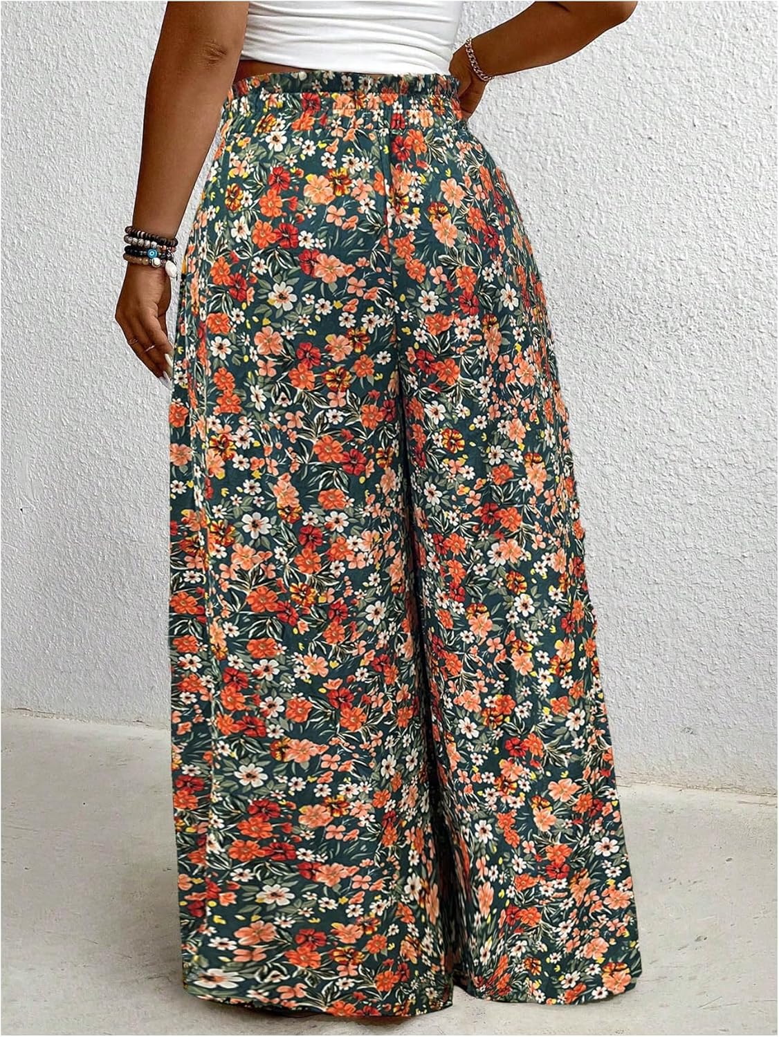 Women's Plus Size Floral Baggy Pants Boho Drawstring Wide Leg Flowy Vacation Palazzo Pants