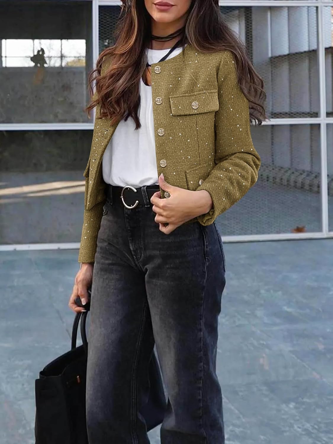 Women's Tweed Blazers Trendy Fall Casual Collarless Button Down Sequin Tops Cropped Jackets with Pockets - Image 3