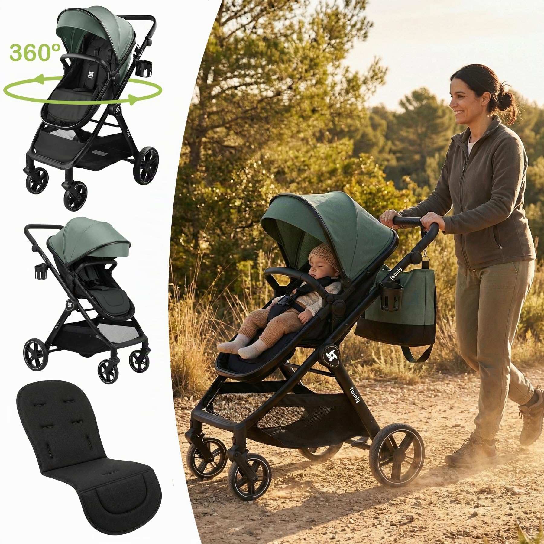 Passeggino Trio 3 in 1 Sistema Modulare Carrozzina Neonati Ovetto Auto Verde 25 kg