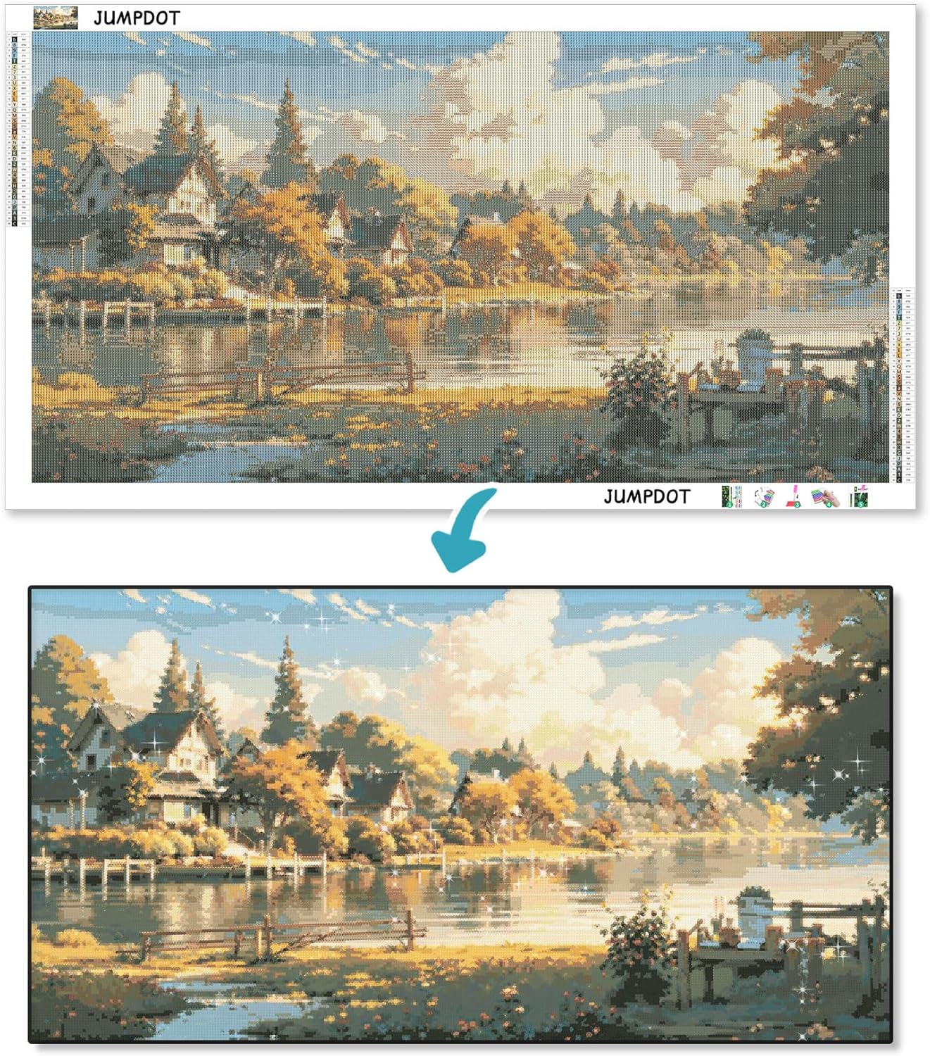 JumpDot 5D Diamond Painting Kits for Adults Large Size Full Drill Lakeside Town Diamond Art Wall Decor Living Room Bedroom Craft Kits 27.6x15.7 inches