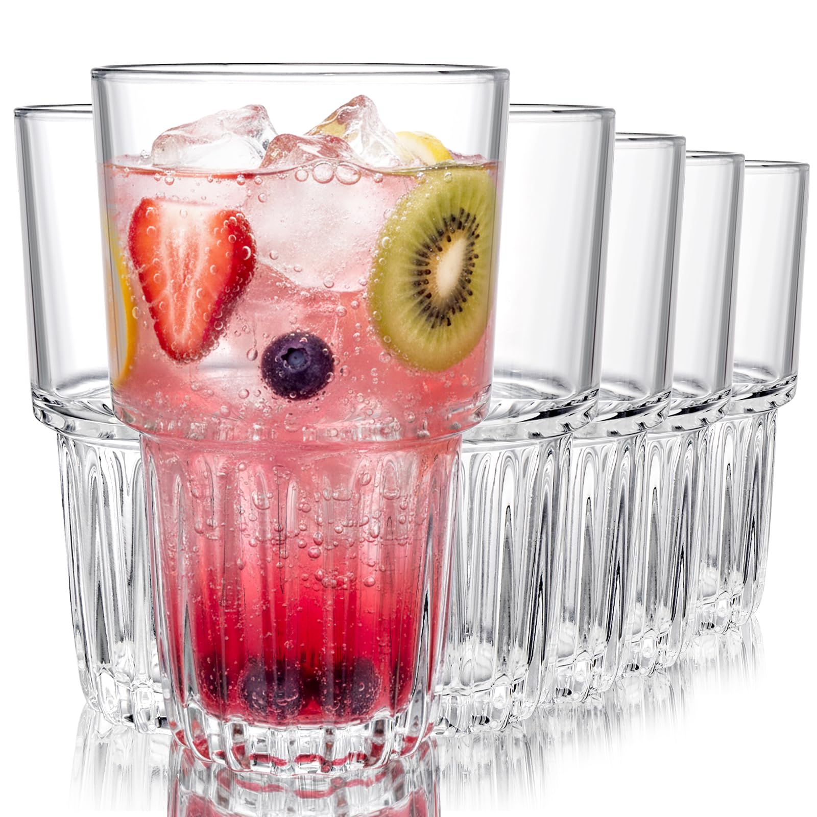 DEAYOU Set of 6 Drinking Highball Glasses 16 OZ Clear Water Glass Cup Stackable Thick Tempered Tall Glass