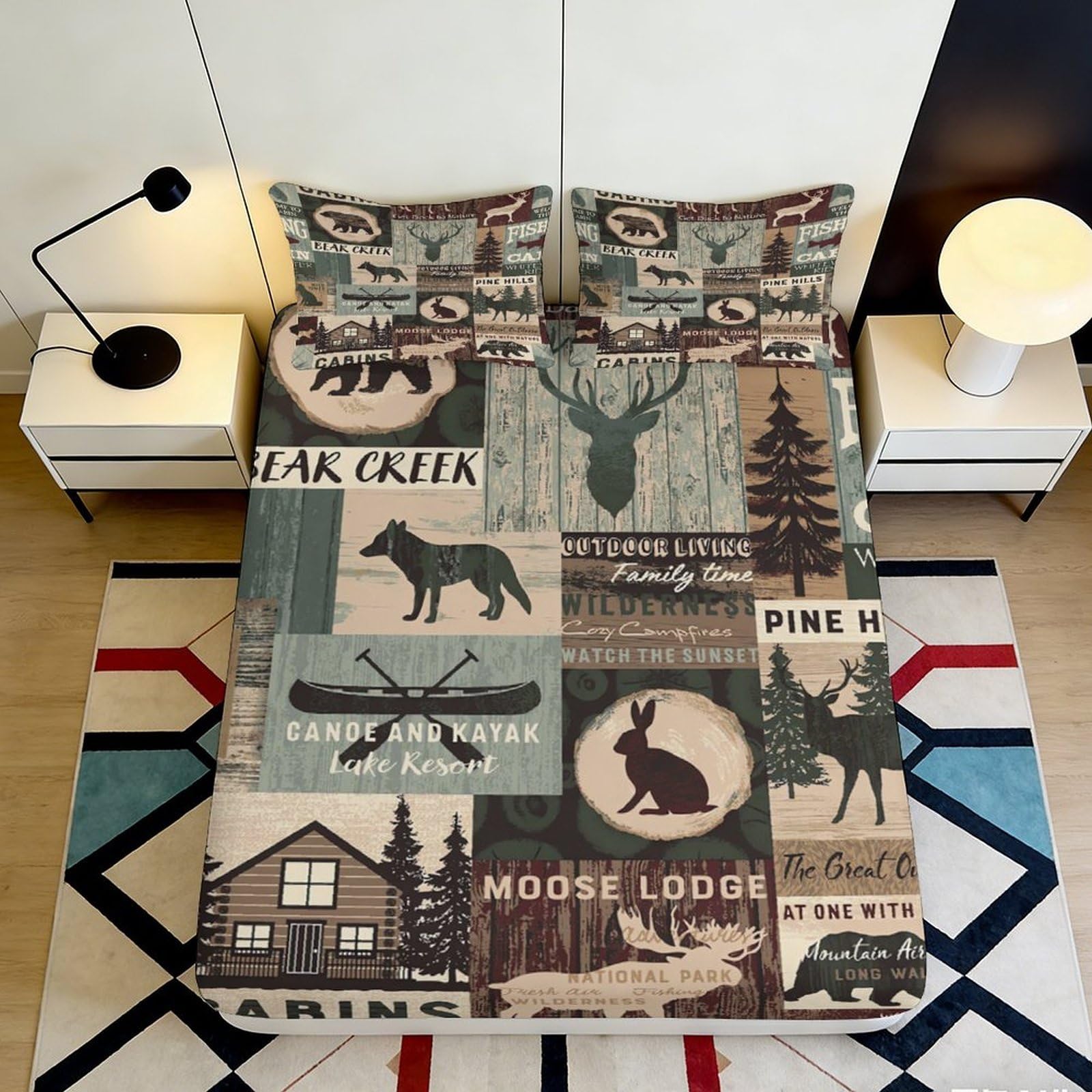 3D Printed Cabin Forest Fitted Sheet Microfiber Rustic Wildlife Mattress Cover for Bedroom Guest Room Decor, Anti-Slip, Easy Care 160x200x25cm