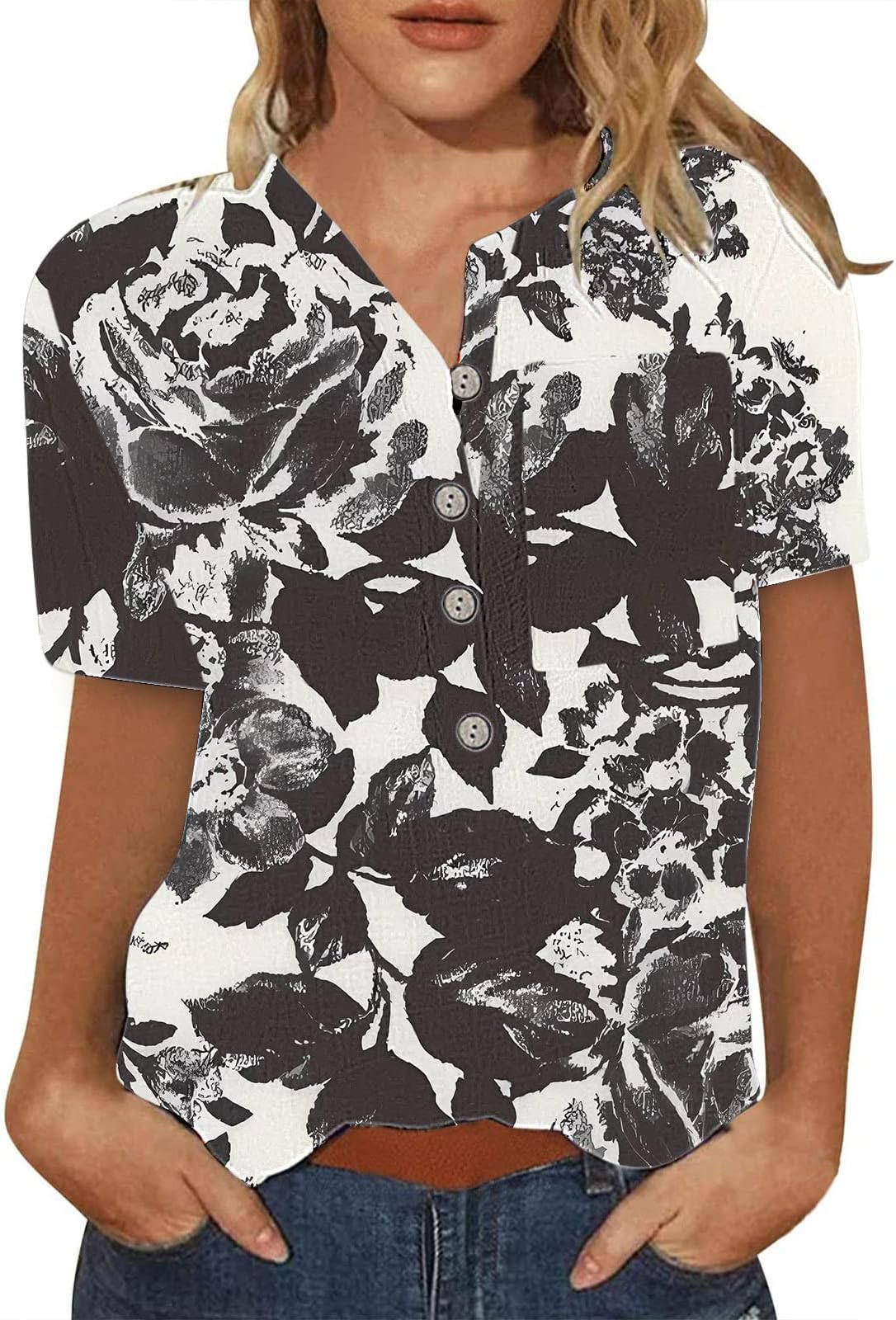 DUOWEIFitted Work Shirts Womens Short Sleeve Tops Dressy Casual Summer Graphic Floral Plain Short Sleeve Shirts for