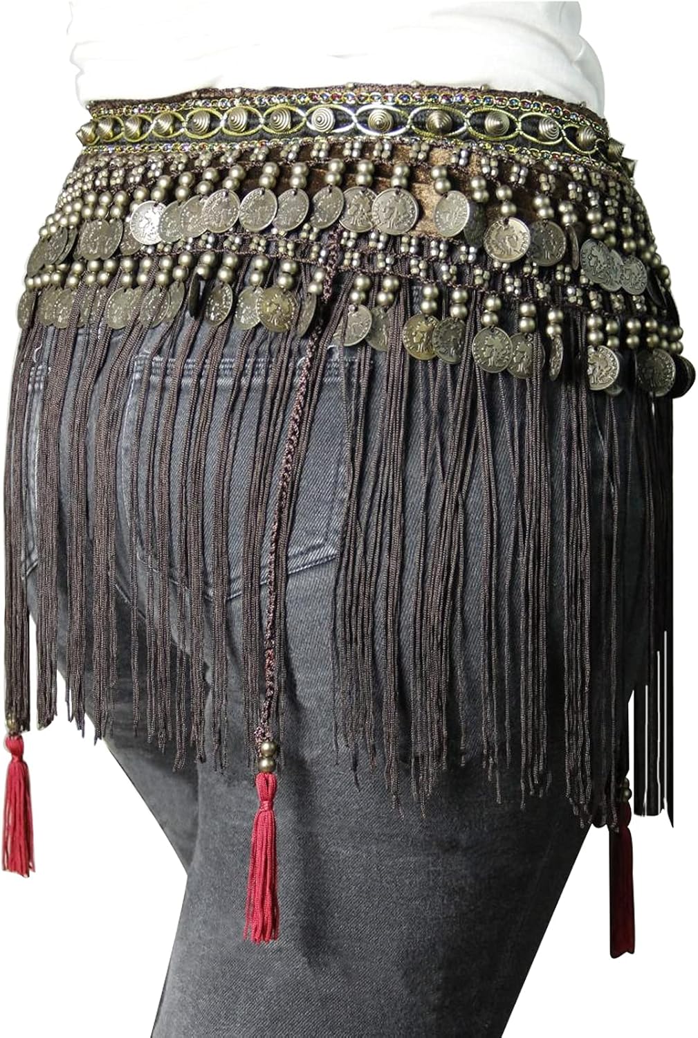 Belly Dance Hip Scarf - Tribal Coins Wave Shape Hip Skirt Belly Dancing Belt Tassel Fringe Shawl Wraps Belts for Women/Girls - Image 3