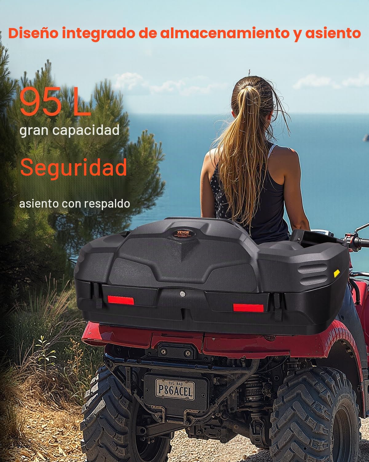 VEVOR Caja de Almacenamiento Trasera y Tumbona para ATV, 95 L, con Asiento y Respaldo, con Cerradura y LLDPE Impermeable, Compatible con Vehículos ATV, UTV y Can-Am, 1080 x 630 x 430 mm, Negro