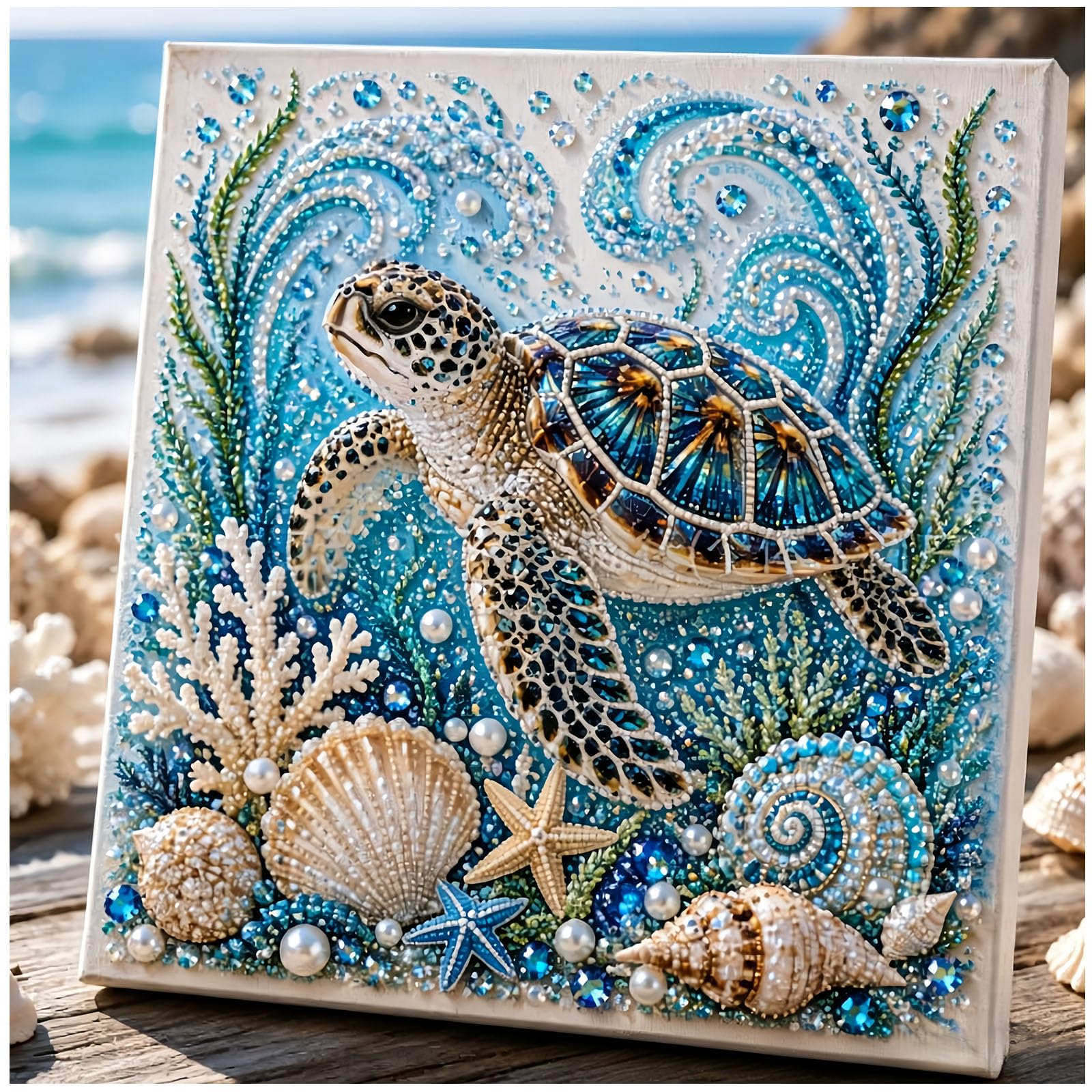 Jeeeun Ocean Theme Pearl Art DIY Kit, 3D Ocean Animal Pearl Art Craft with Pearls & Rhinestones, Sparkling Coastal Wall Decor for Adults & Beginners (Turtle)