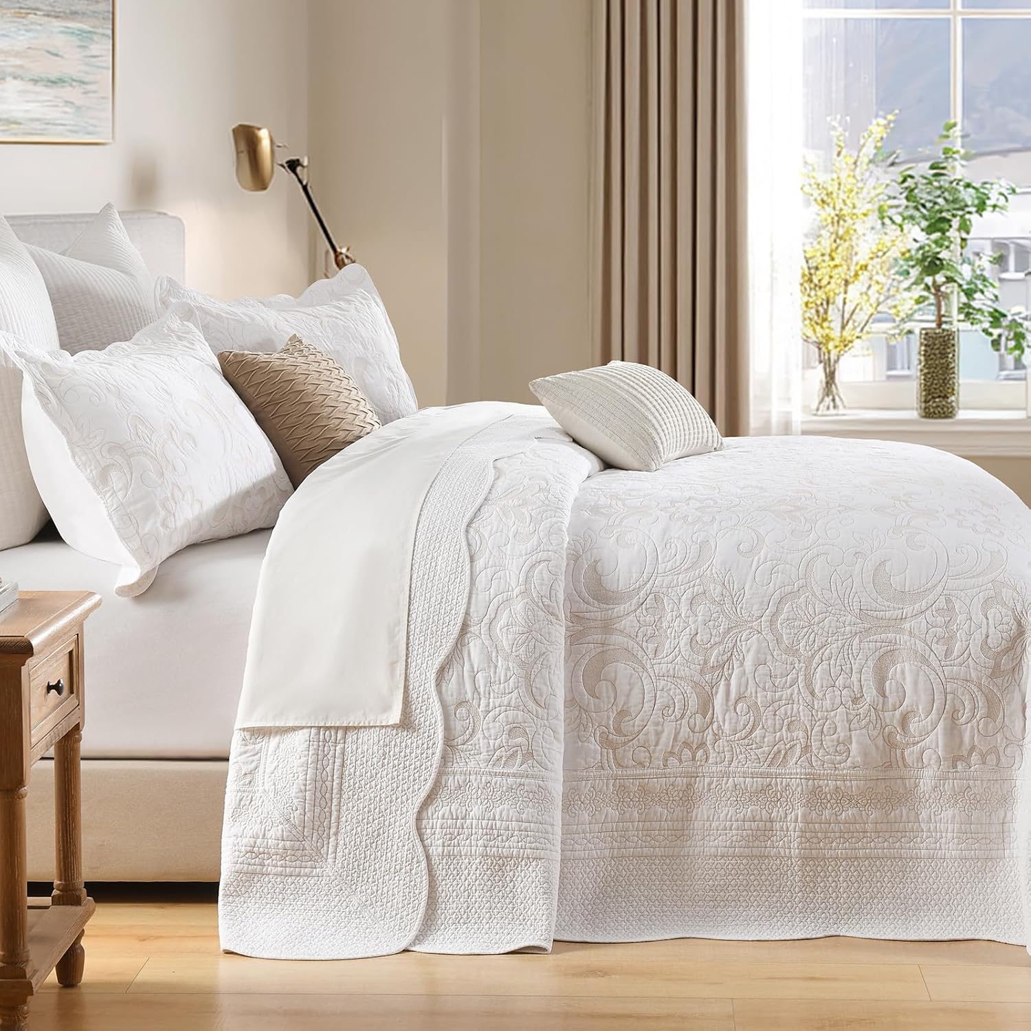 Queen Bedspreads 102x120 - Oversized Queen Quilt Set, Lightweight Thin Comforter, 3-Piece Floral Scrolls Pattern Embroidery with Scalloped Edge Bedding Coverlet Set, 100% Cotton, Beige/White