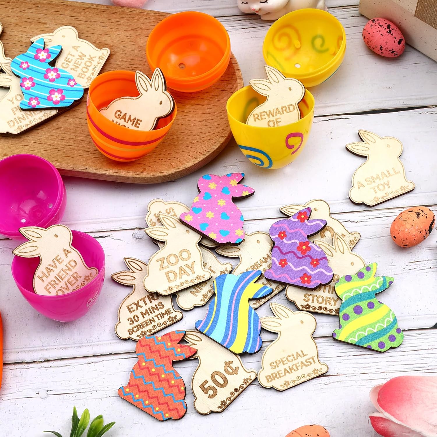 Jansun 24PCS Wooden Easter Egg Tokens, Easter Bunnies Coins, Double Sided Colorful Painted Engraved Fillers for DIY Family Fun Stuffing Rewards and Games