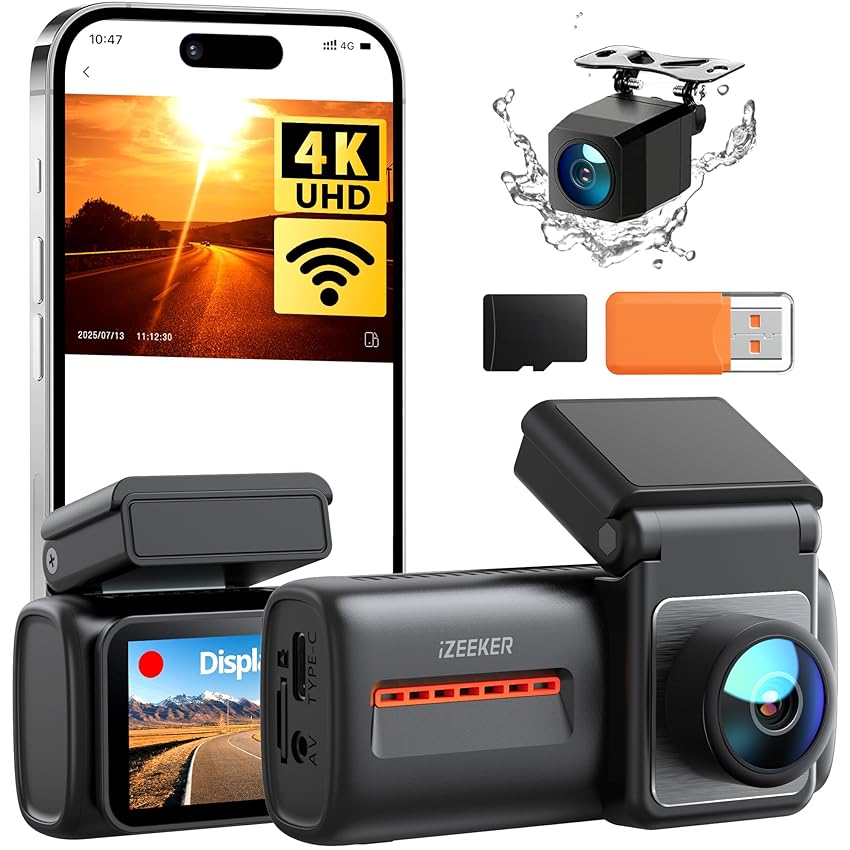 iZEEKER 4K Dash Cam Auto, WiFi 6 Dashcam Auto con Scheda SD 32G, Doppia Dash Cam 4K+1080P, Display IPS da 2,99