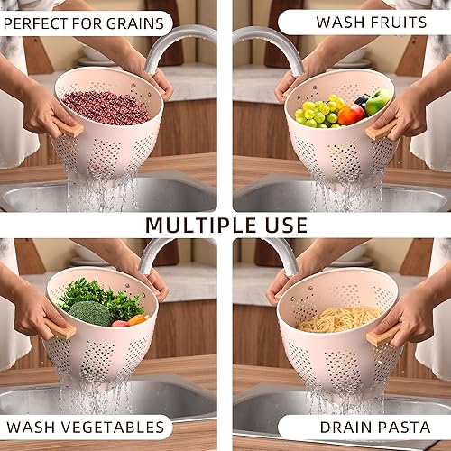 Miniatura 6 de Colador de metal con mango de madera y base estable, cesta coladora de cocina de acero con recubrimiento en polvo para escurrir pasta, verduras y