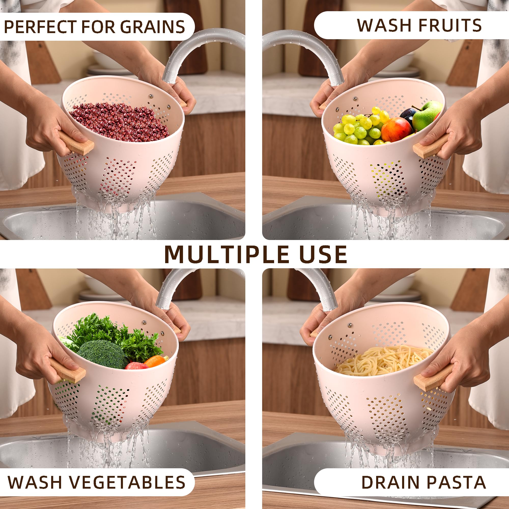 Scolapasta in metallo con manico in legno e base stabile, in acciaio verniciato a polvere, per scolare pasta, verdura e frutta (5,5 quarti, rosa)