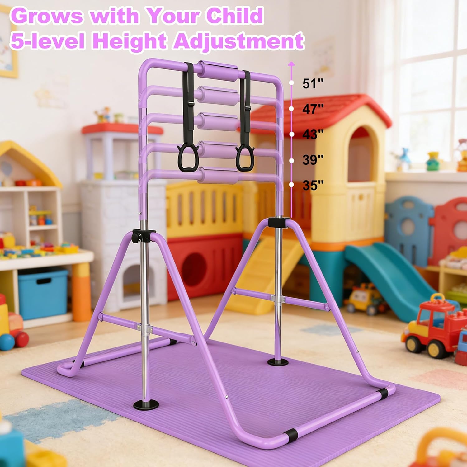 KINMAC Gymnastics Bar for Kids, Gymnastics Horizontal Bar with Adjustable Height Foldable Training Bar with Mat for Home Practice