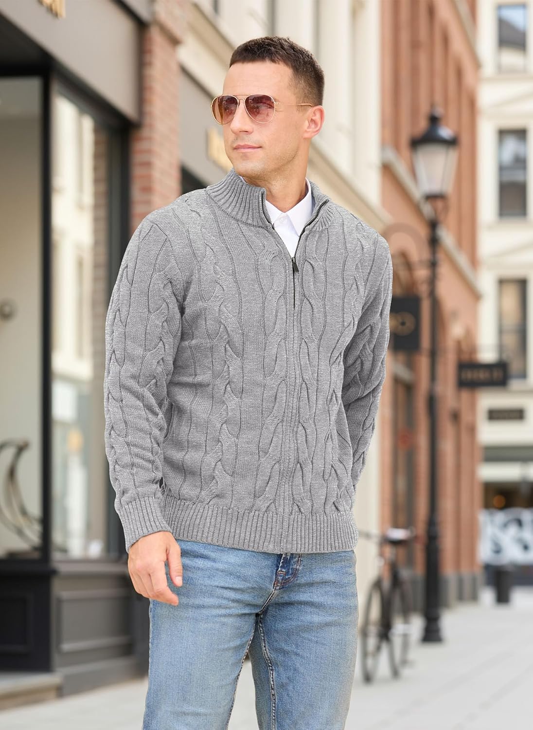 NITAGUT Mens Full Zip Up Cardigan Sweater Casual Stand Collar Cable Knit Winter Sweaters - Image 5