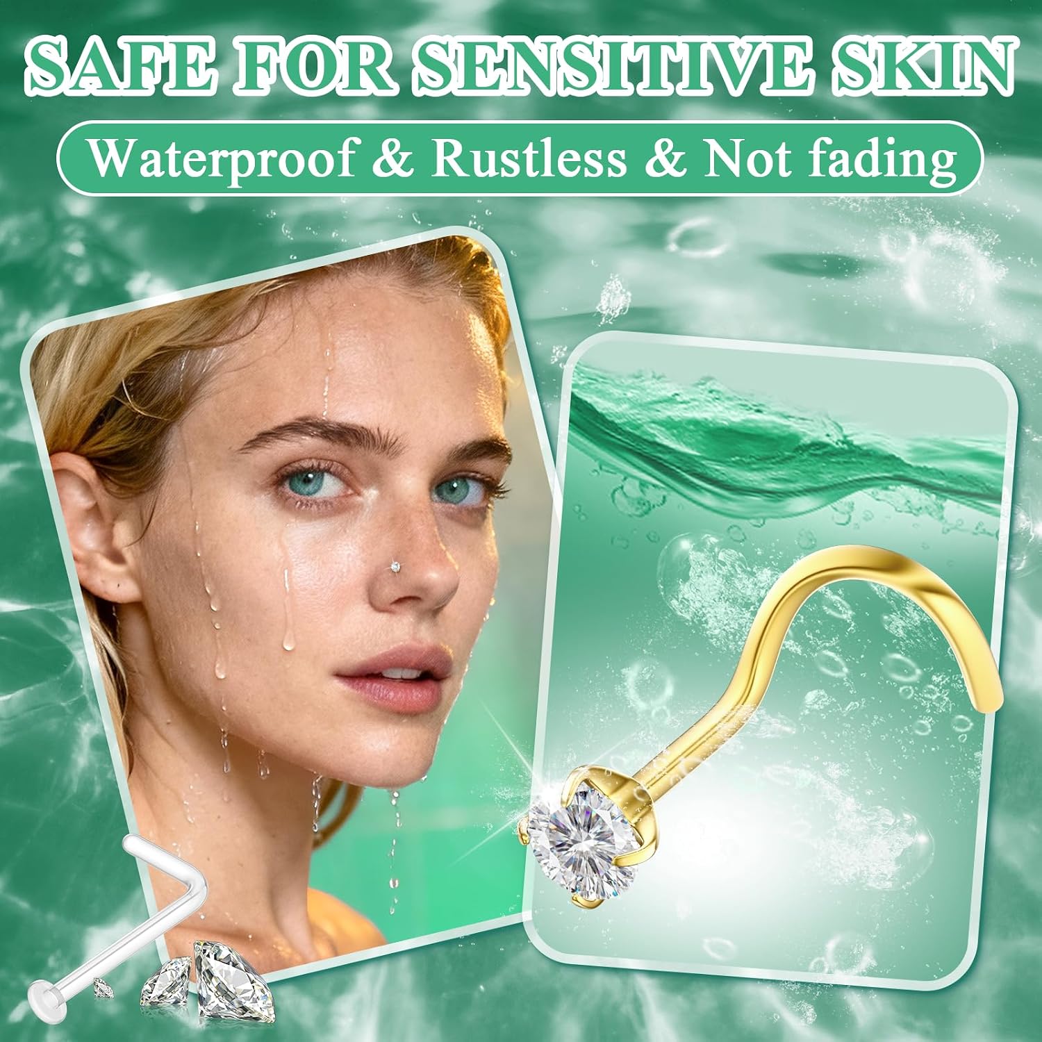Hypoallergenic 8Pcs 20G Nose Ring Studs for Women, Gold/Silver 316L Surgical Stainless Steel Corkscrew Nose Studs L Shape Clear Nose Piercing Retainers Small Nose Ring CZ 1.5/2.0/2.5/3.0mm