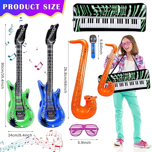 Miniatura 2 de Juego de 18 piezas inflables para fiestas, juego de juguetes inflables de estrella de rock para niños de los años 80 y 90, incluye 4 guitarras