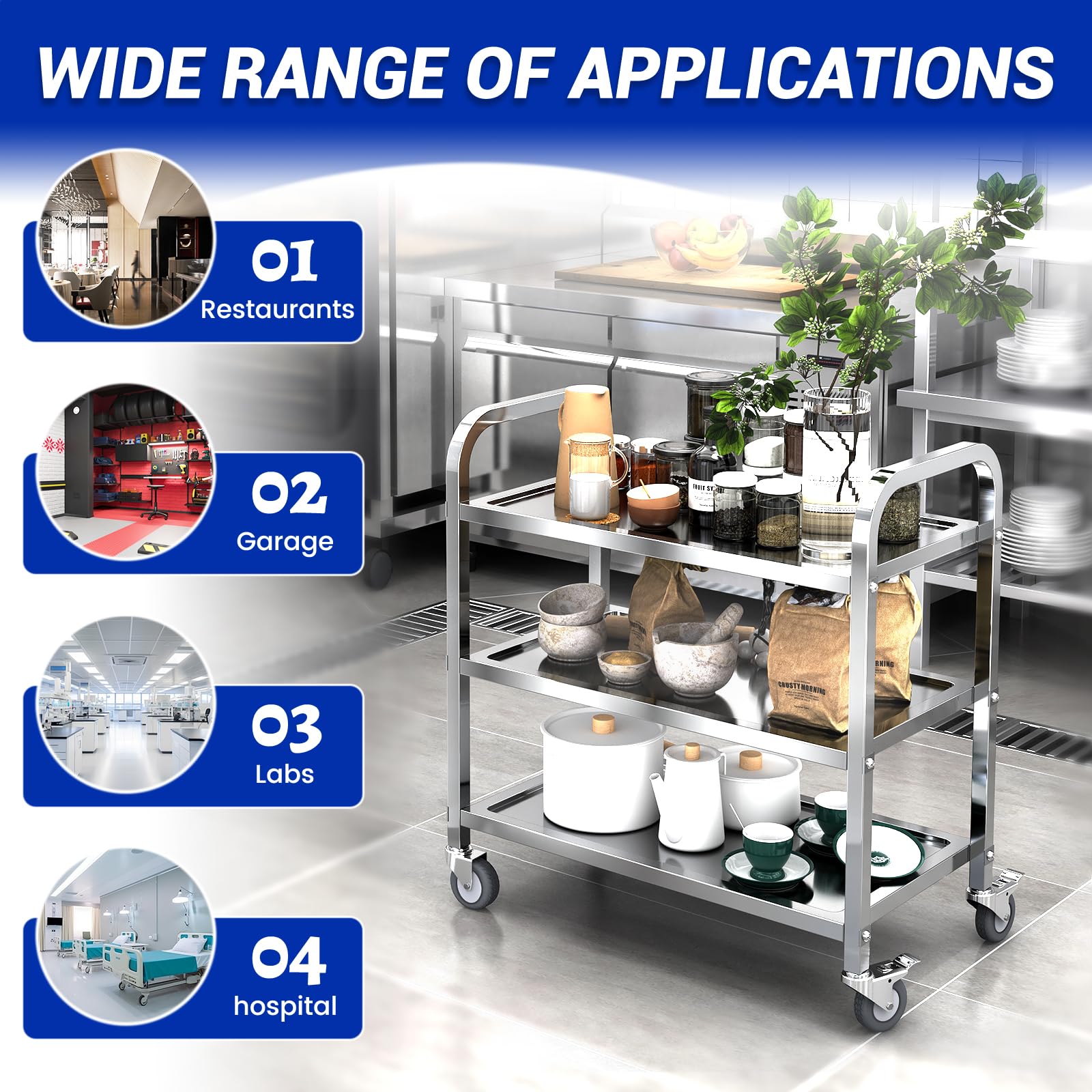 Carrello da cucina a 3 ripiani in acciaio inox, 75 x 40 x 83,5 cm, grande carrello da portata con ruote di bloccaggio, per cucina, hotel, ristoranti