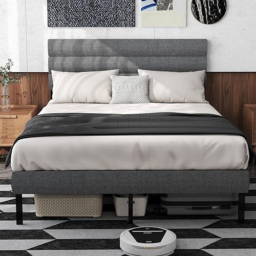 Queen Bed Frame with Linen Upholstered Headboard, Metal Platform Bed Frame Queen Size with 14" Underbed Storage, Metal Slats Support, Noise Free, No Box Spring Needed, Easy Assembly, Grey