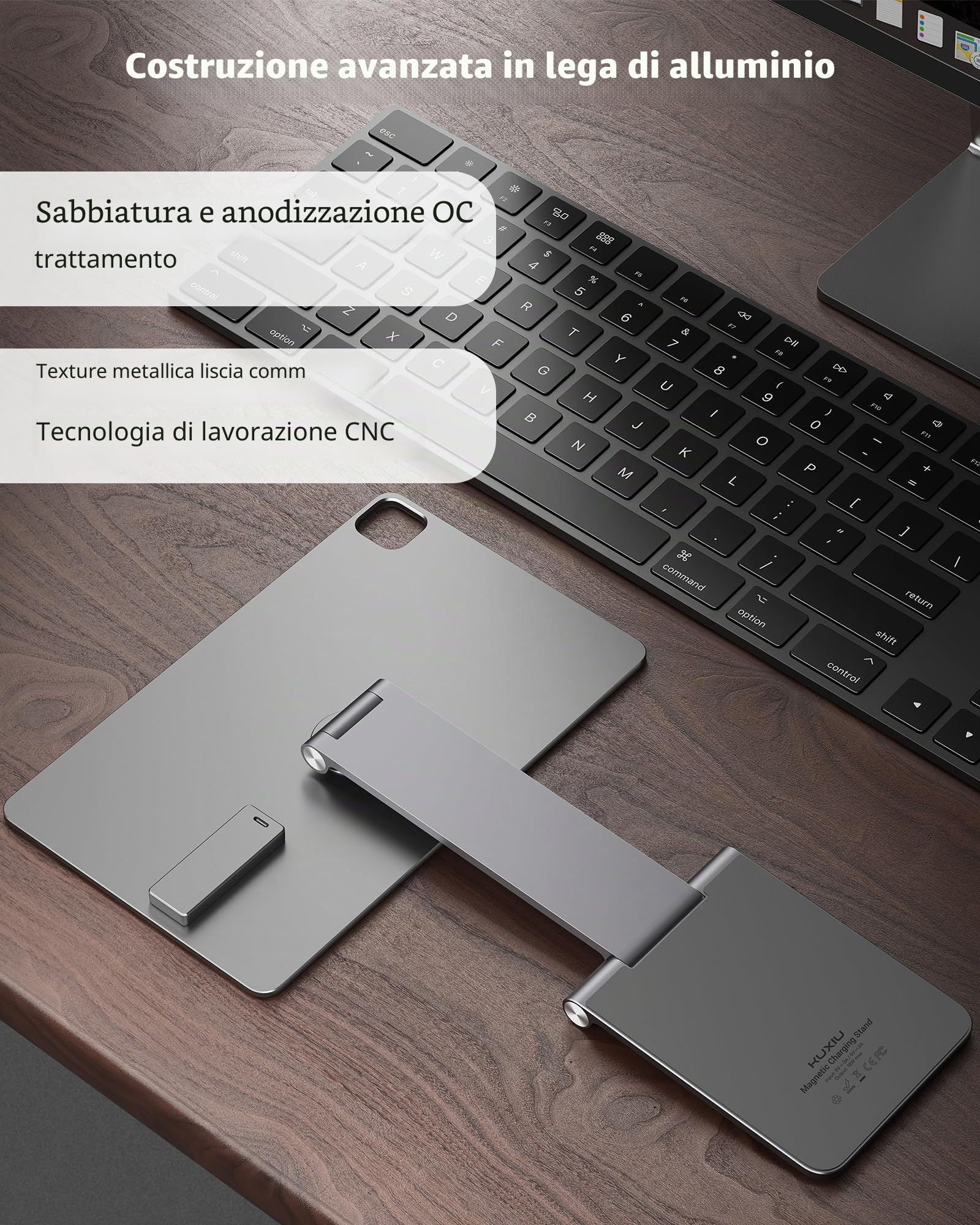 KU XIU X33 PRO MAX Supporto di Ricarica Magnetico per iPad Pro 11" M4 (2024) Solo, Supporto Tablet Pieghevole in Lega di Alluminio per Scrivania, Stand Regolabile a 360° con Cavo USB-C da 1M