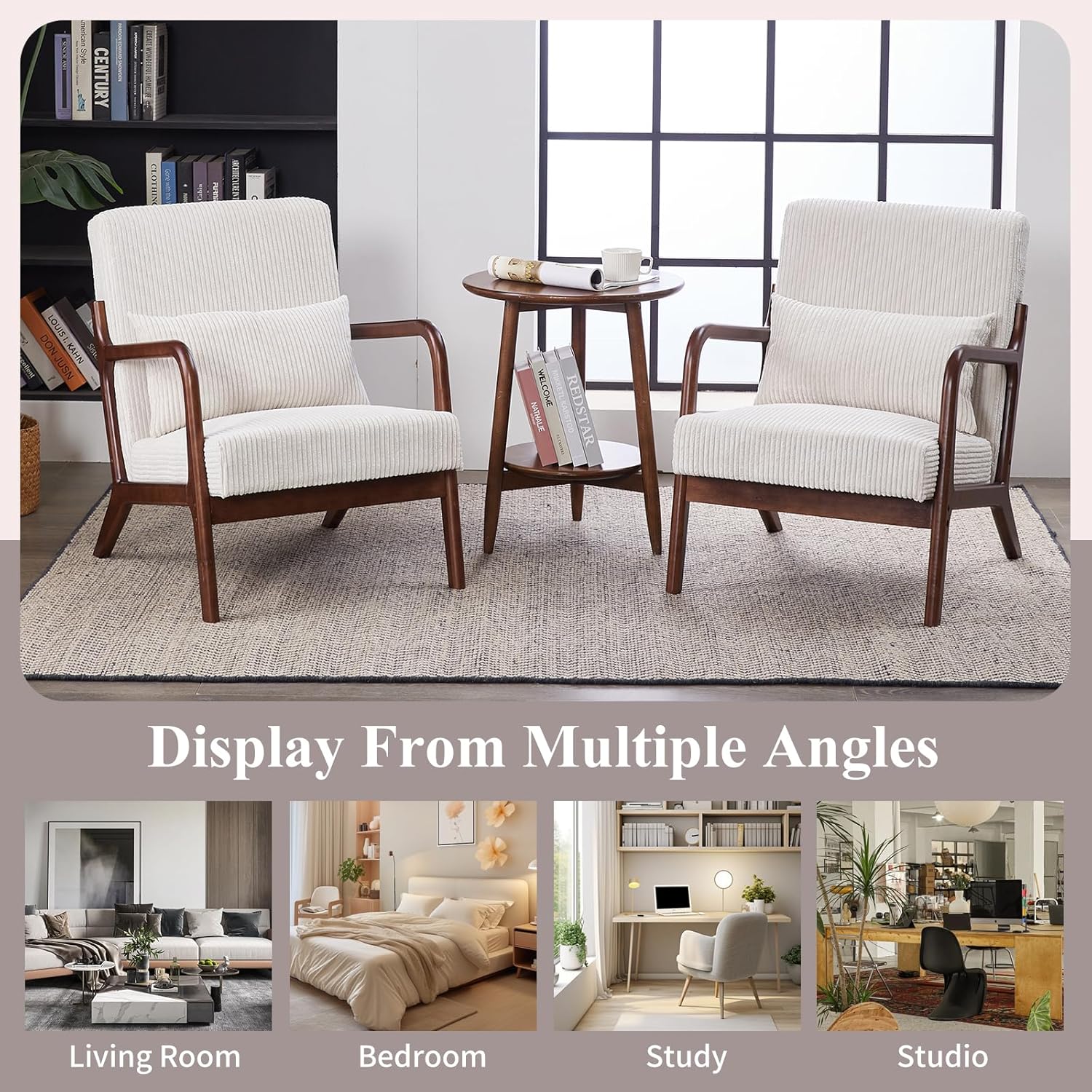 Mid-Century Modern Accent Chair, Corduroy Upholstered Lounge Armchair with Tufted Design, Comfy Reading Chairs with Pillow for Living Room (Beige+Black, Chair)