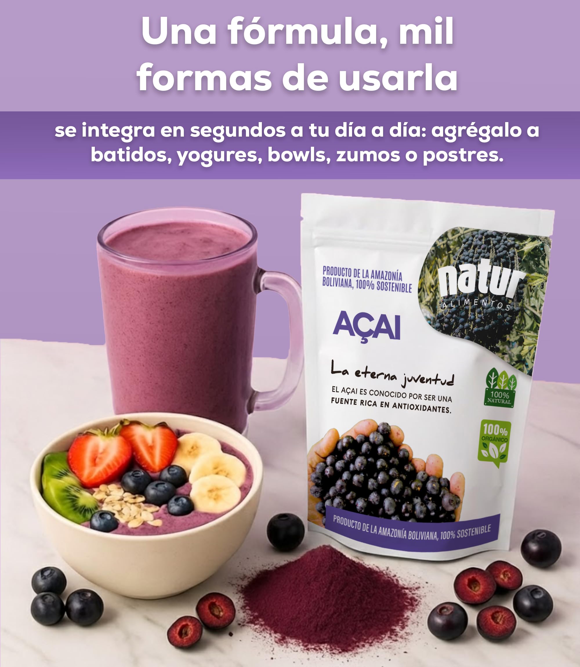 Natur Acai en Polvo Liofilizado de 500g Superalimento Rico en Antioxidantes Vitaminas y Minerales Bayas Berry Powder Apto para Veganos Refuerza tus Defensas Aporta Dosis de Energía