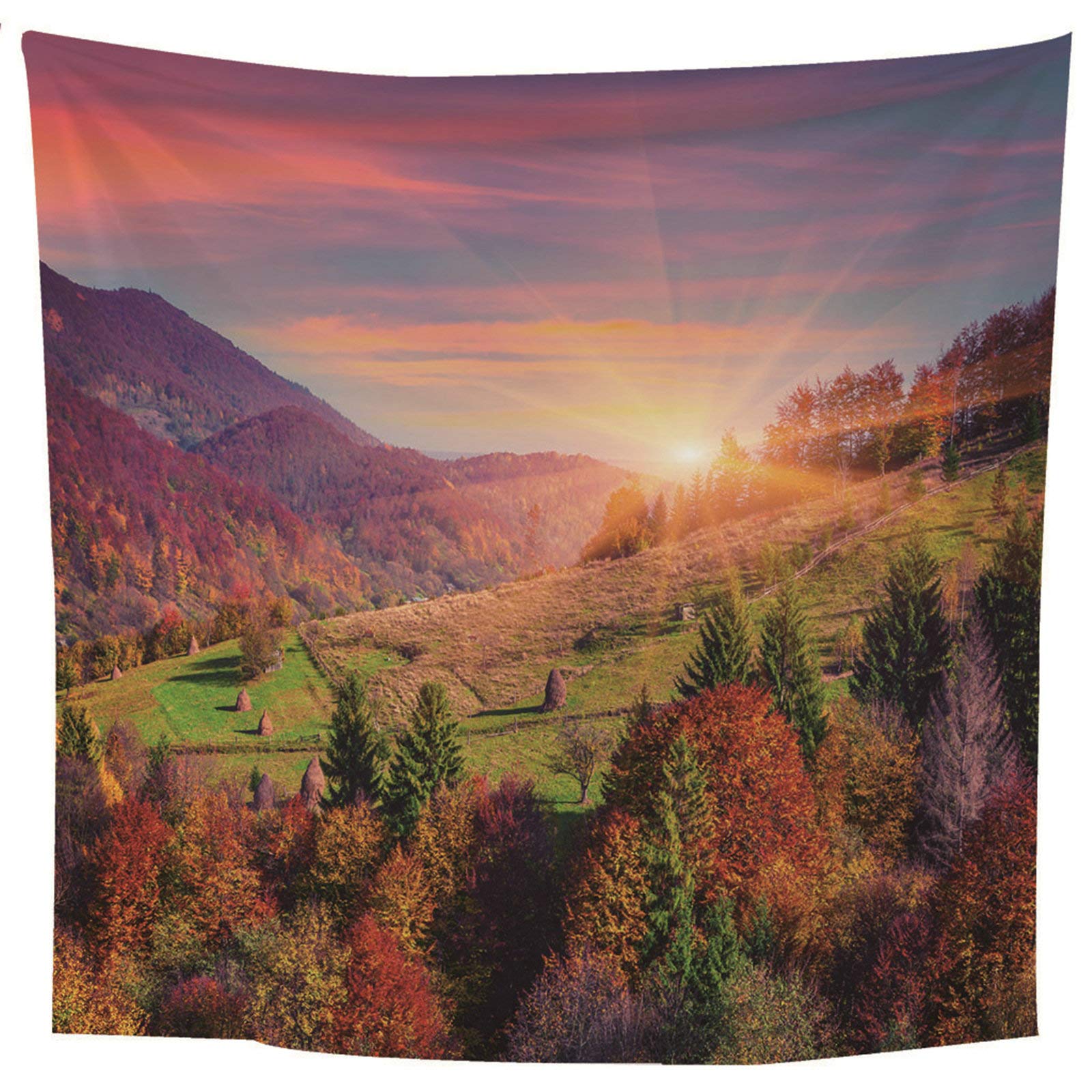 KnSam Dywan na ścianę, gobelin, ozdoba na ścianę, do salonu, dekoracja domu z poliestru, zachód słońca nad lasem górskim kolorowy 350 x 256 cm