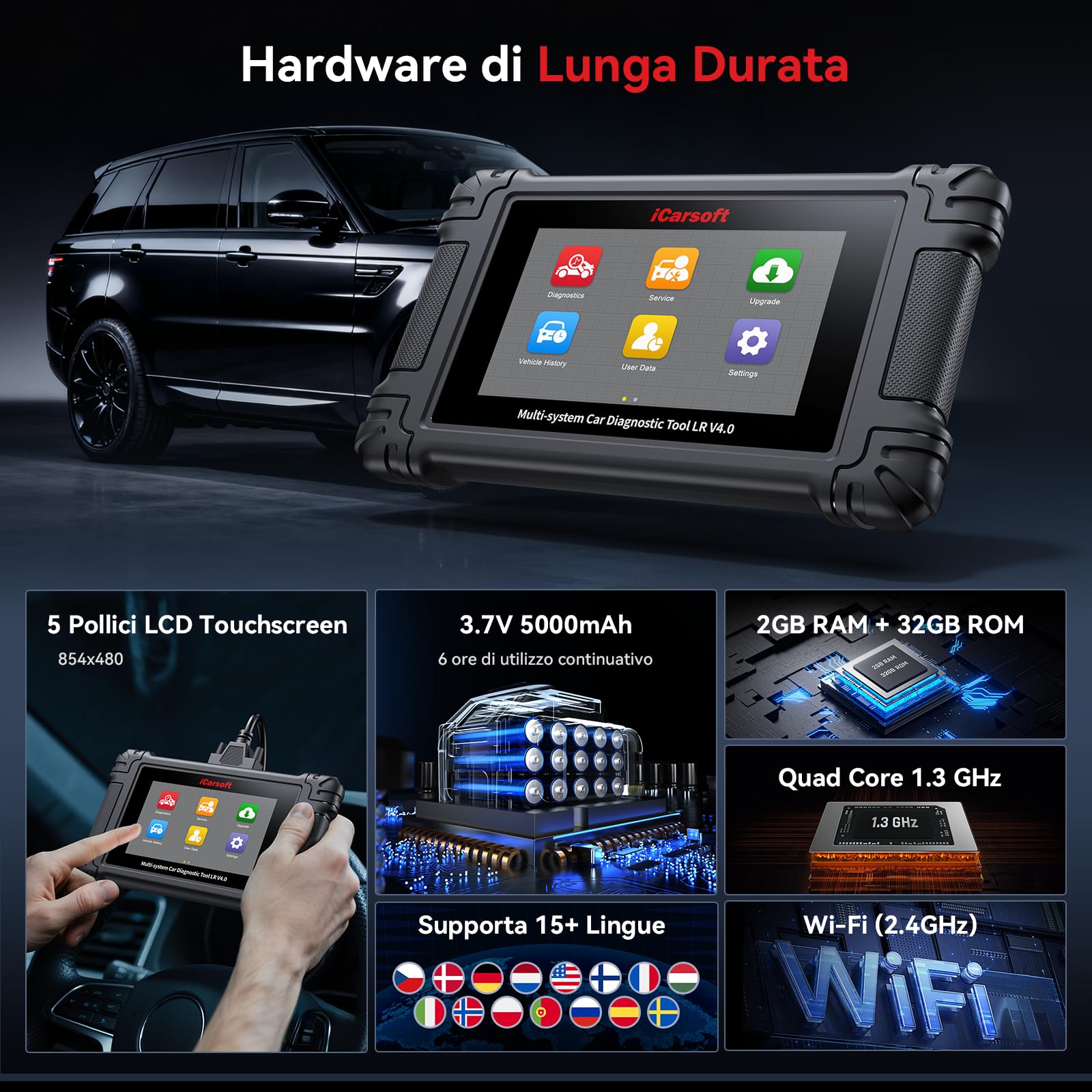 iCarsoft LR V4.0 OBD2 Auto Diagnostica per Land Rover/Jaguar+ 2 Marche Opzionali, Diagnosi Auto Professionale in Italiano Tutti i Sistemi, 37 Servizi, Test Bidirezionale, Auto VIN, Aggiornamento WiFi