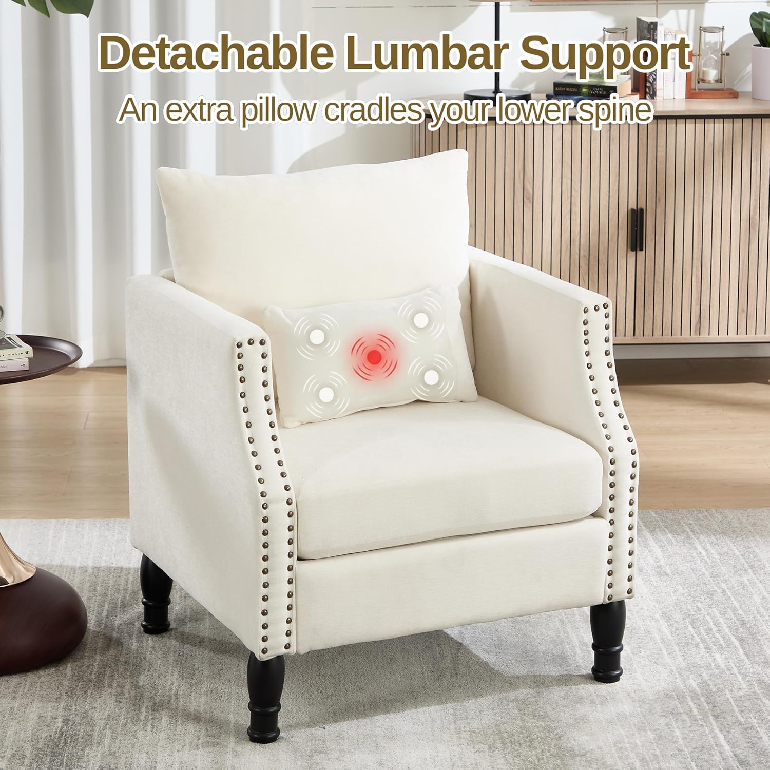 civama Linen Accent Chairs Set of 2 with Lumbar Pillow - Ergonomic Spring Support Upholstered Armchair, 300LBS Capacity, Nailhead Trim, Easy Assembly for Living Room Bedroom, Beige