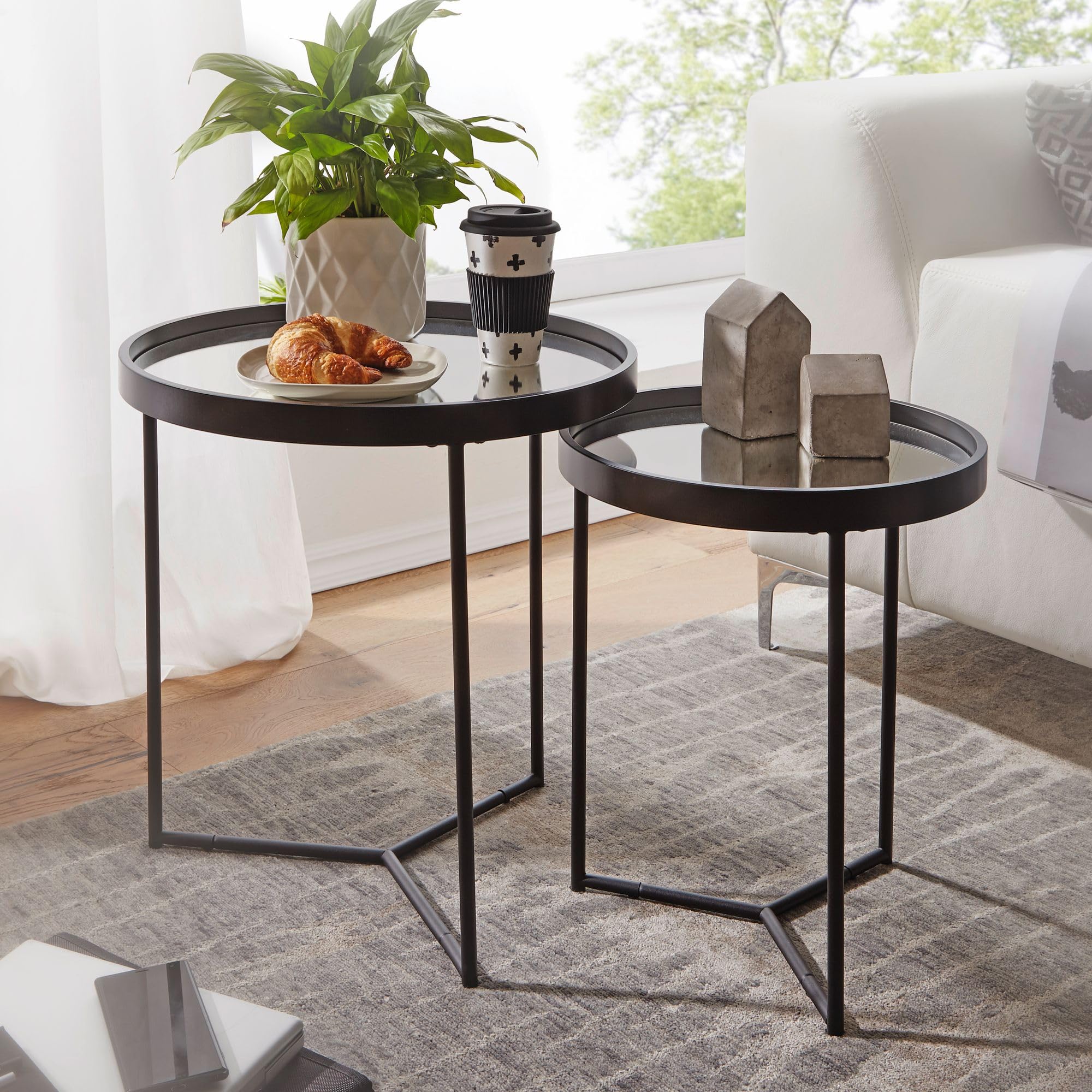 FineBuy Design Beistelltisch Rund Ø 50/36 cm - 2 teilig Schwarz mit Spiegel Glasplatte, Wohnzimmertisch 2er Set, Satztisch verspiegelt, Couchtisch